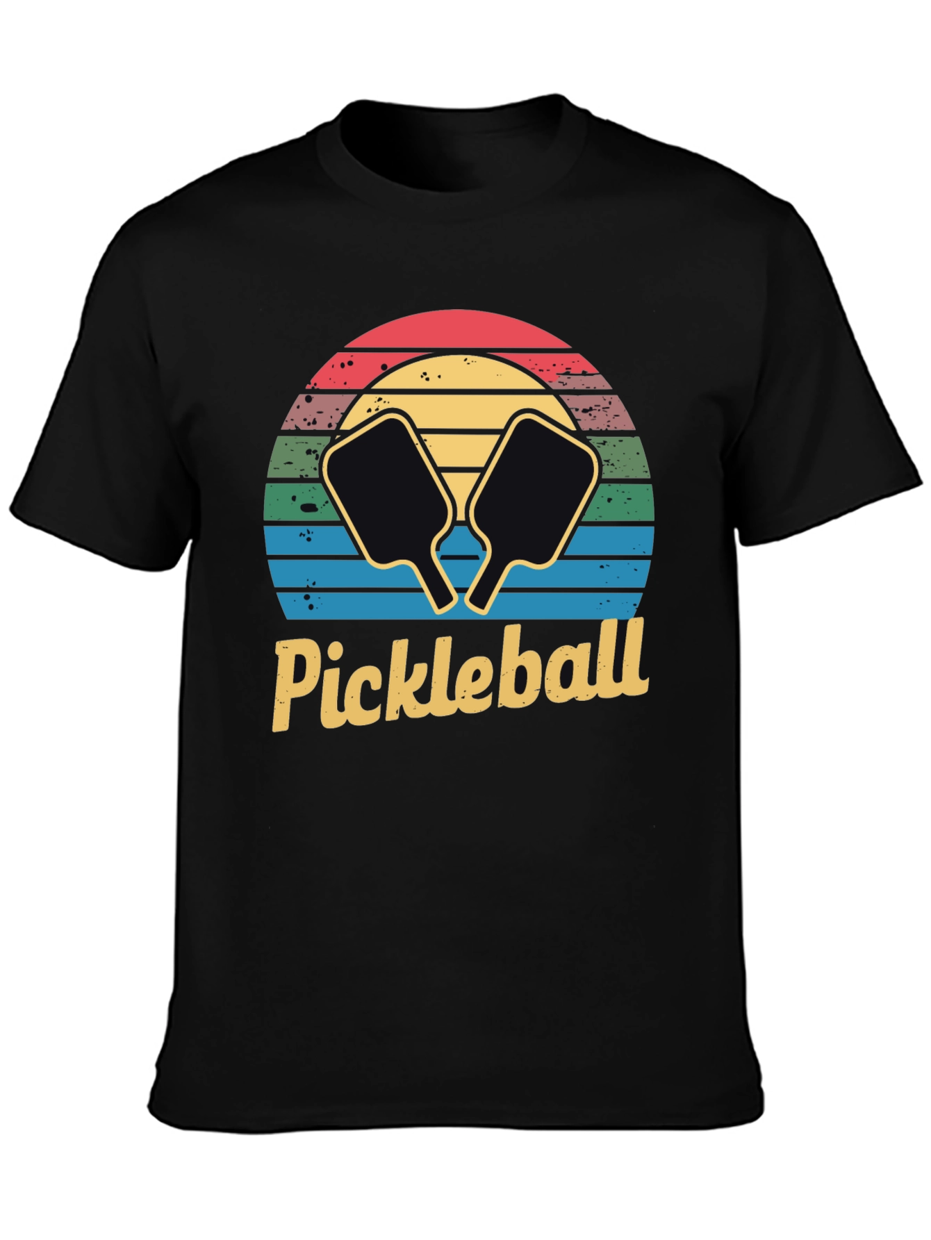 Retro Pickleball Sunset T-Shirt - Black Cotton Tee