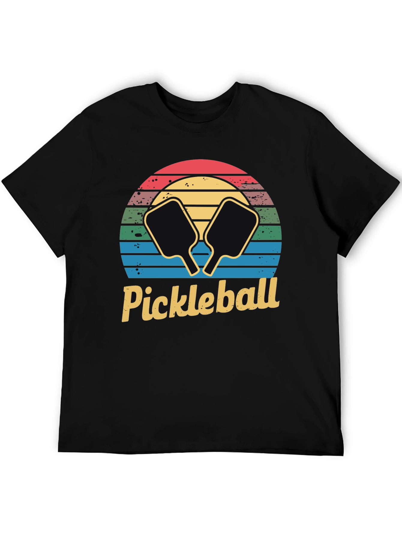 Retro Pickleball Sunset T-Shirt - Black Cotton Tee