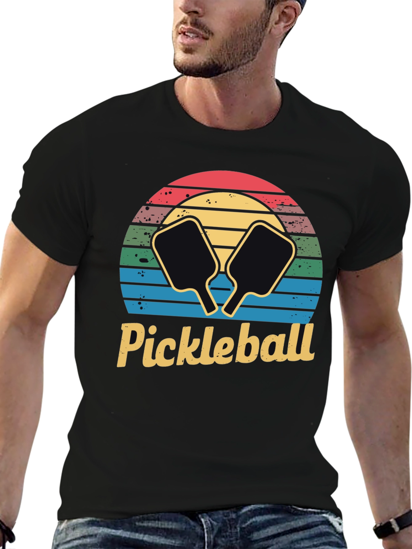 Retro Pickleball Sunset T-Shirt - Black Cotton Tee