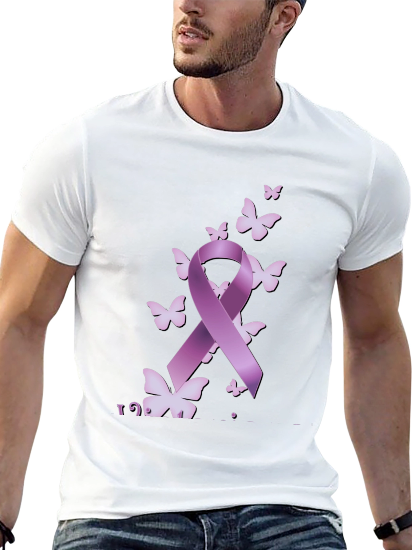 Purple Ribbon Butterfly Black T-Shirt