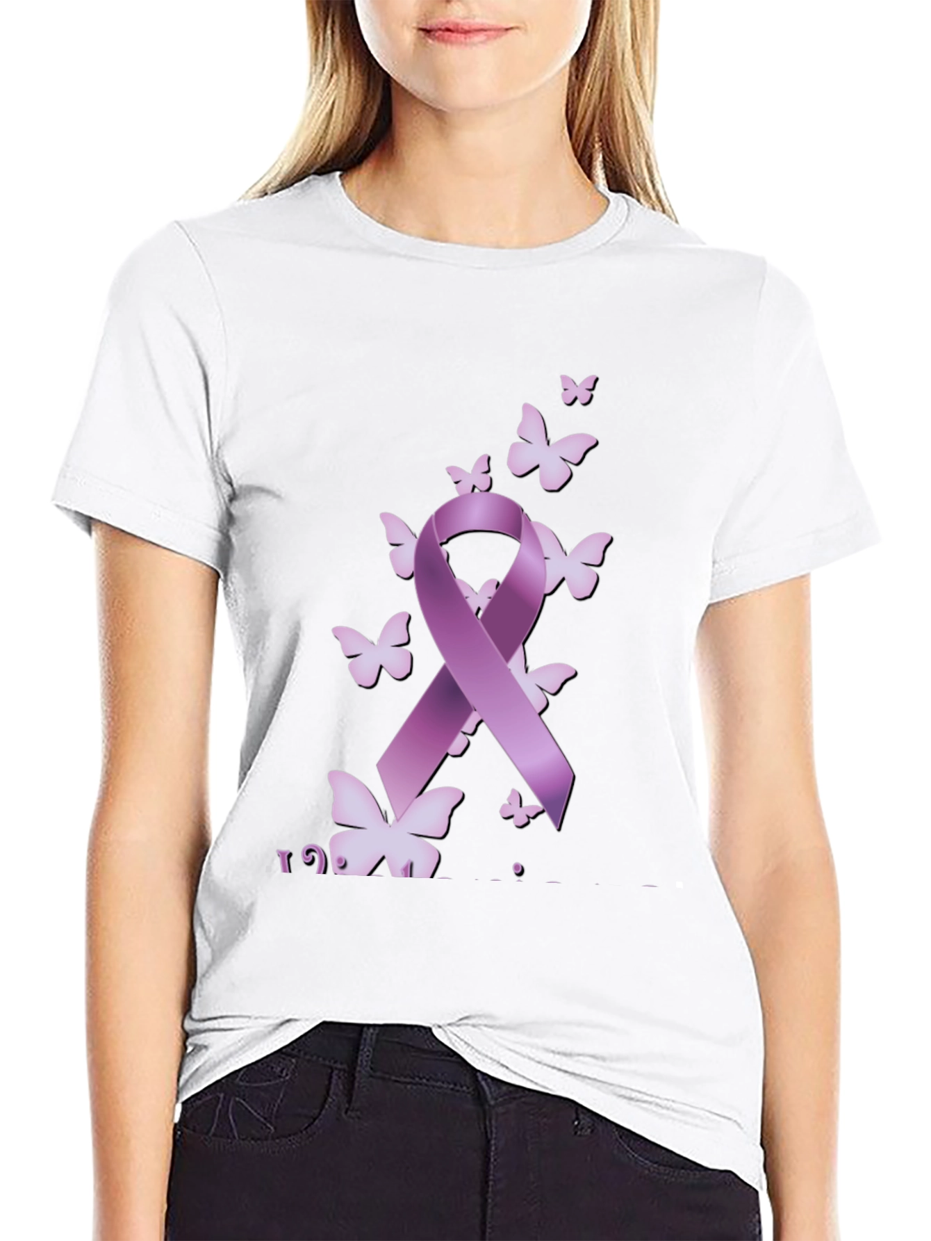 Purple Ribbon Butterfly Black T-Shirt