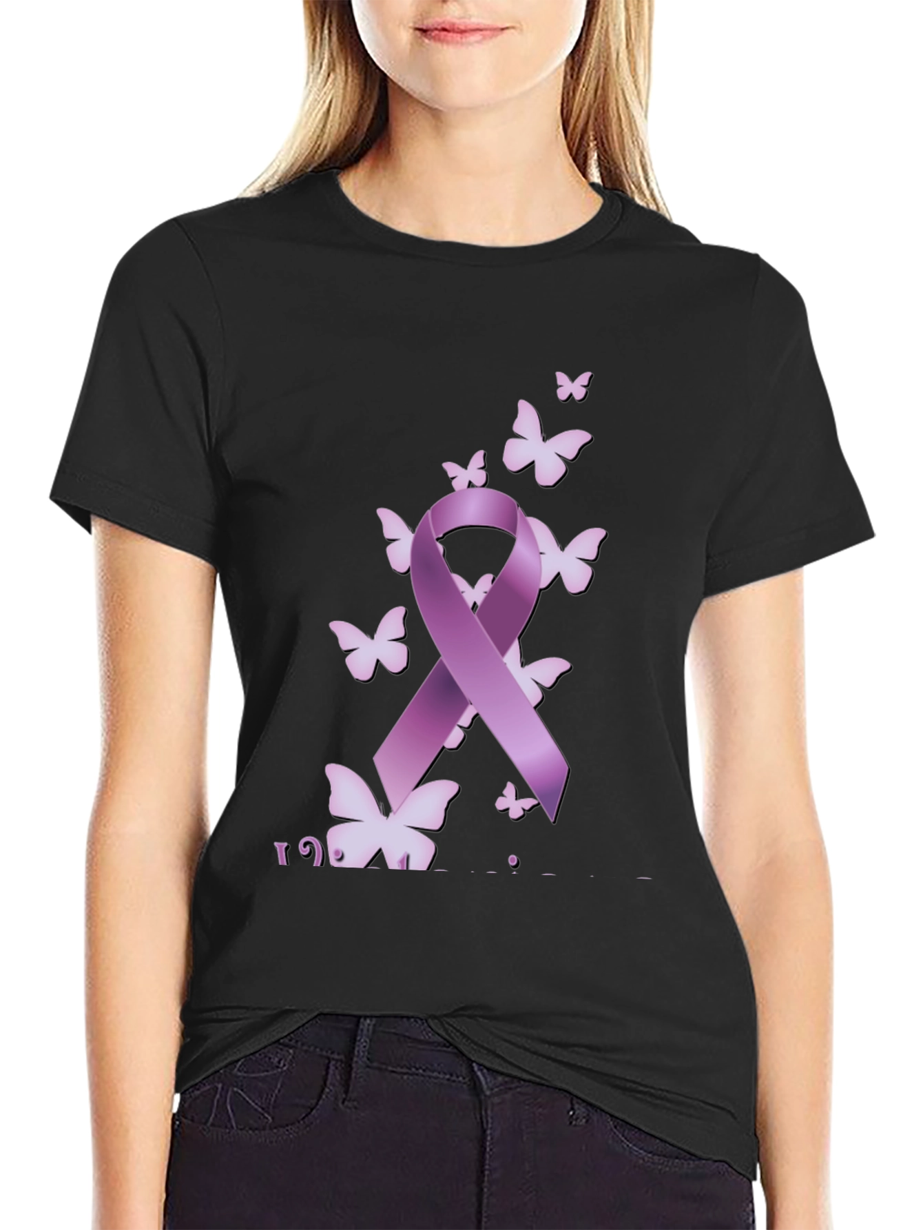 Purple Ribbon Butterfly Black T-Shirt