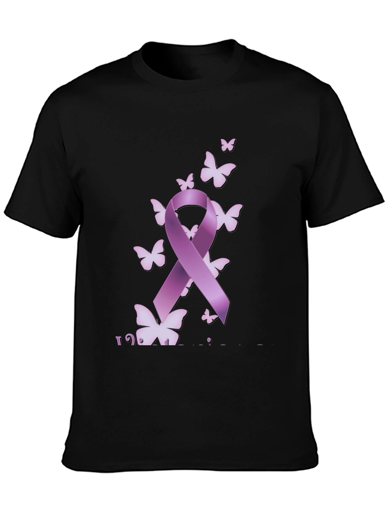 Purple Ribbon Butterfly Black T-Shirt