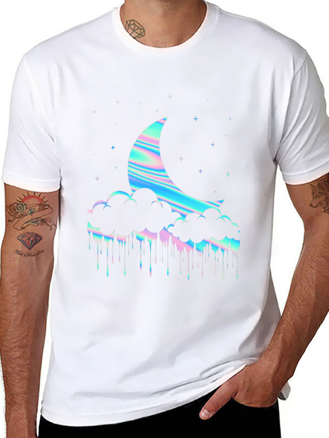 Holographic Moon & Cloud Graphic Tee - Black