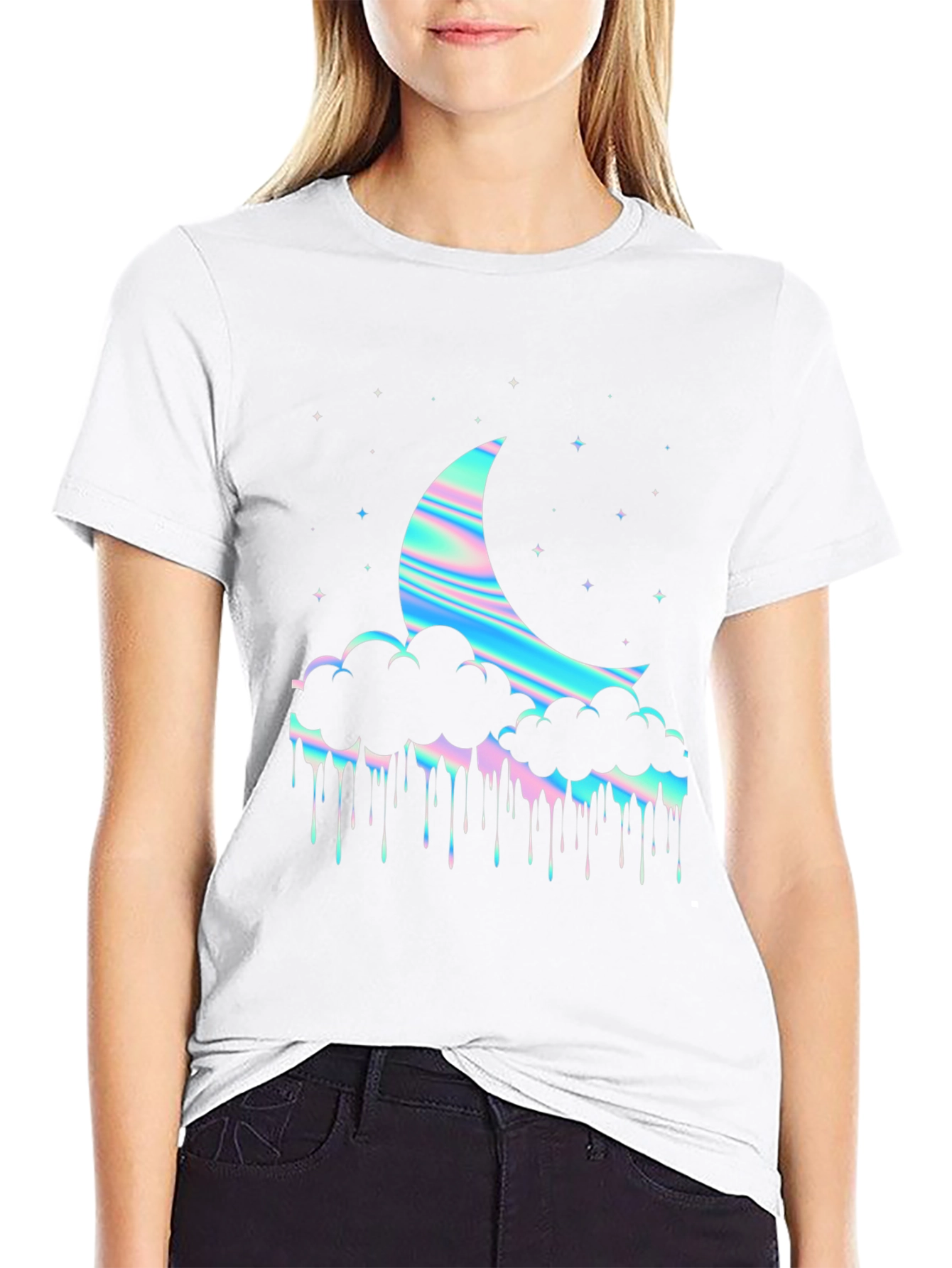 Holographic Moon & Cloud Graphic Tee - Black