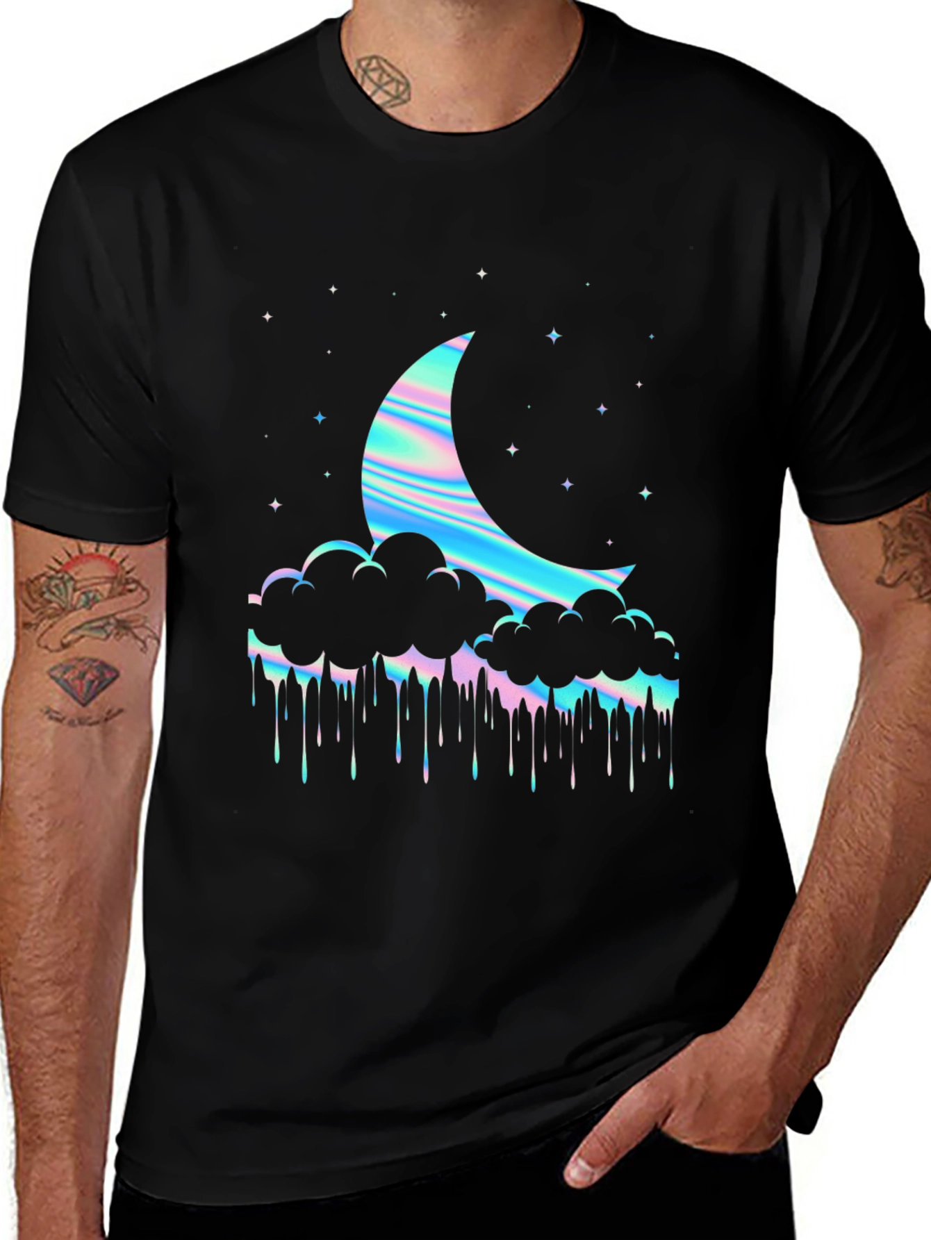 Holographic Moon & Cloud Graphic Tee - Black
