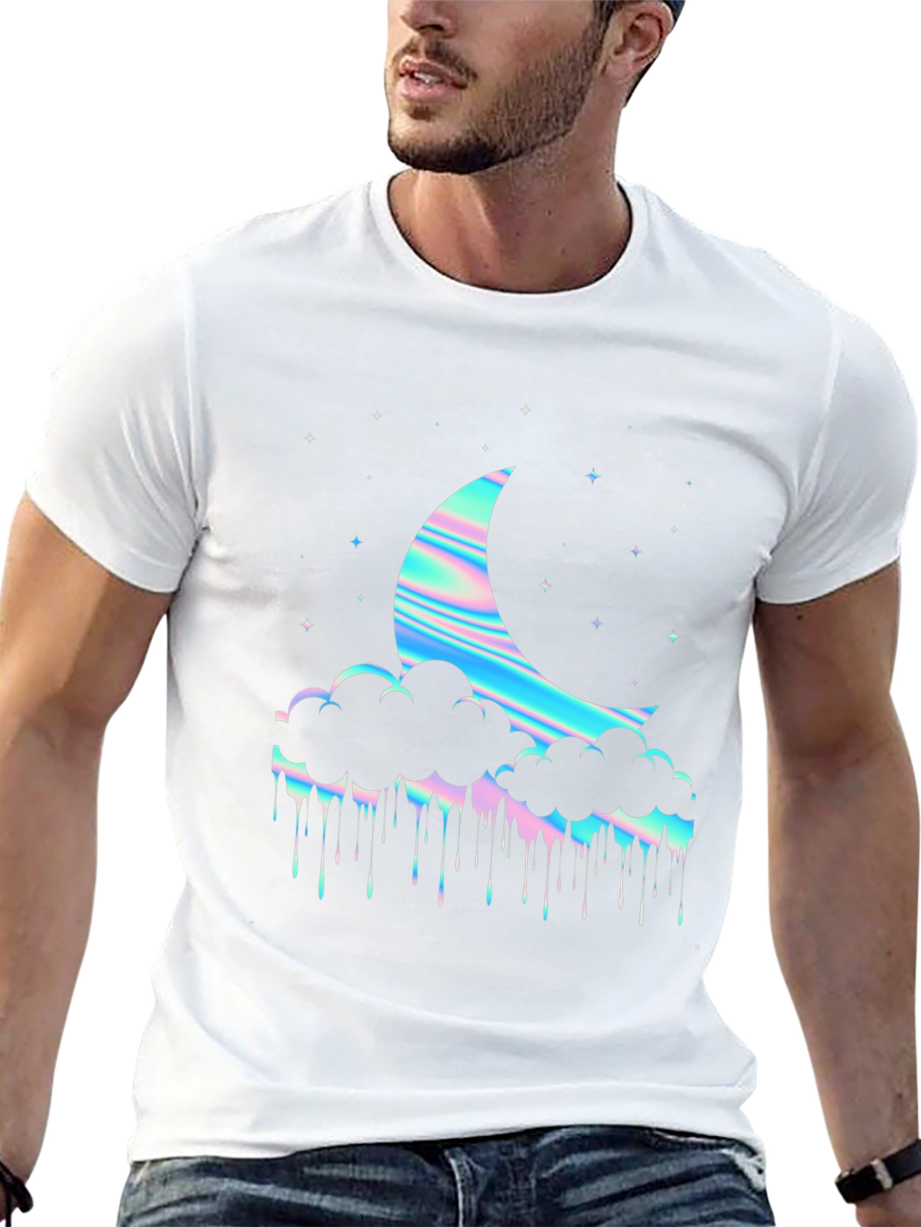 Holographic Moon & Cloud Graphic Tee - Black