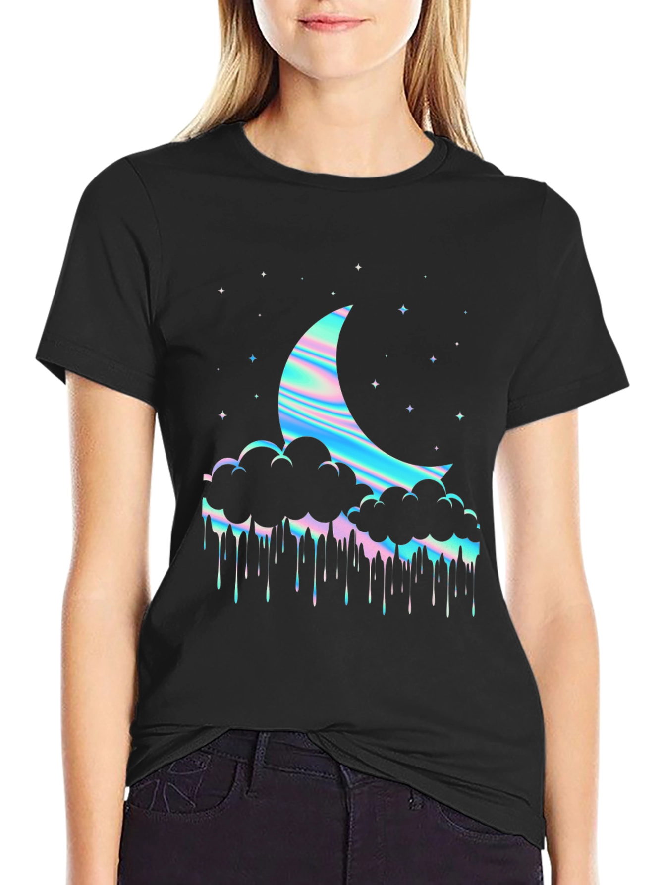 Holographic Moon & Cloud Graphic Tee - Black