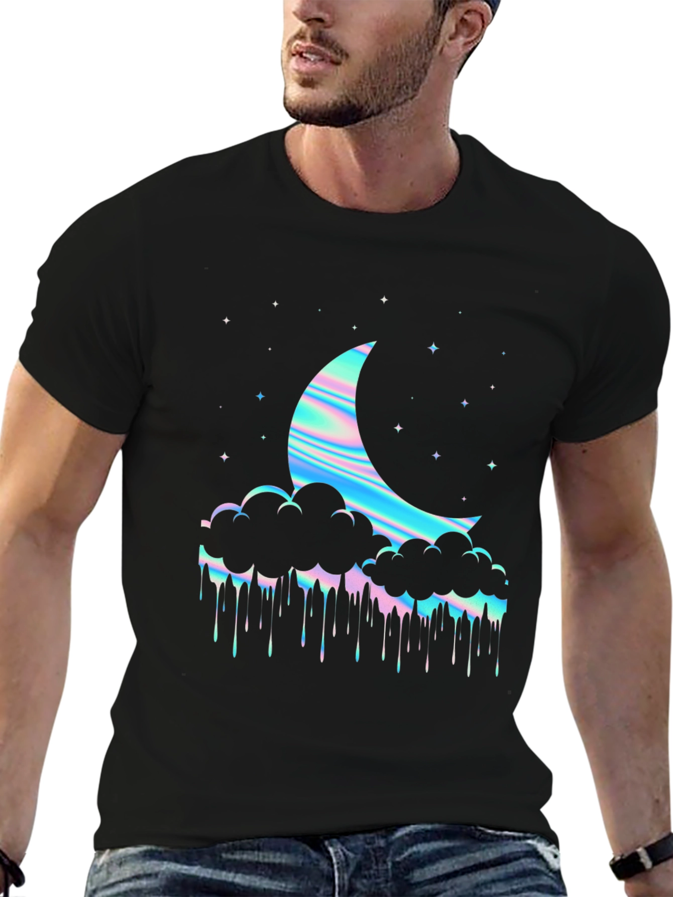 Holographic Moon & Cloud Graphic Tee - Black