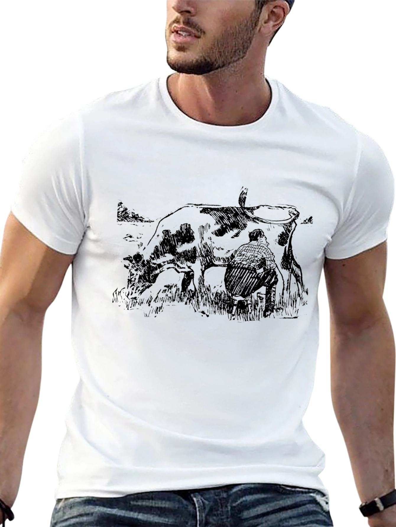Black T-Shirt with Farm Scene Graphic