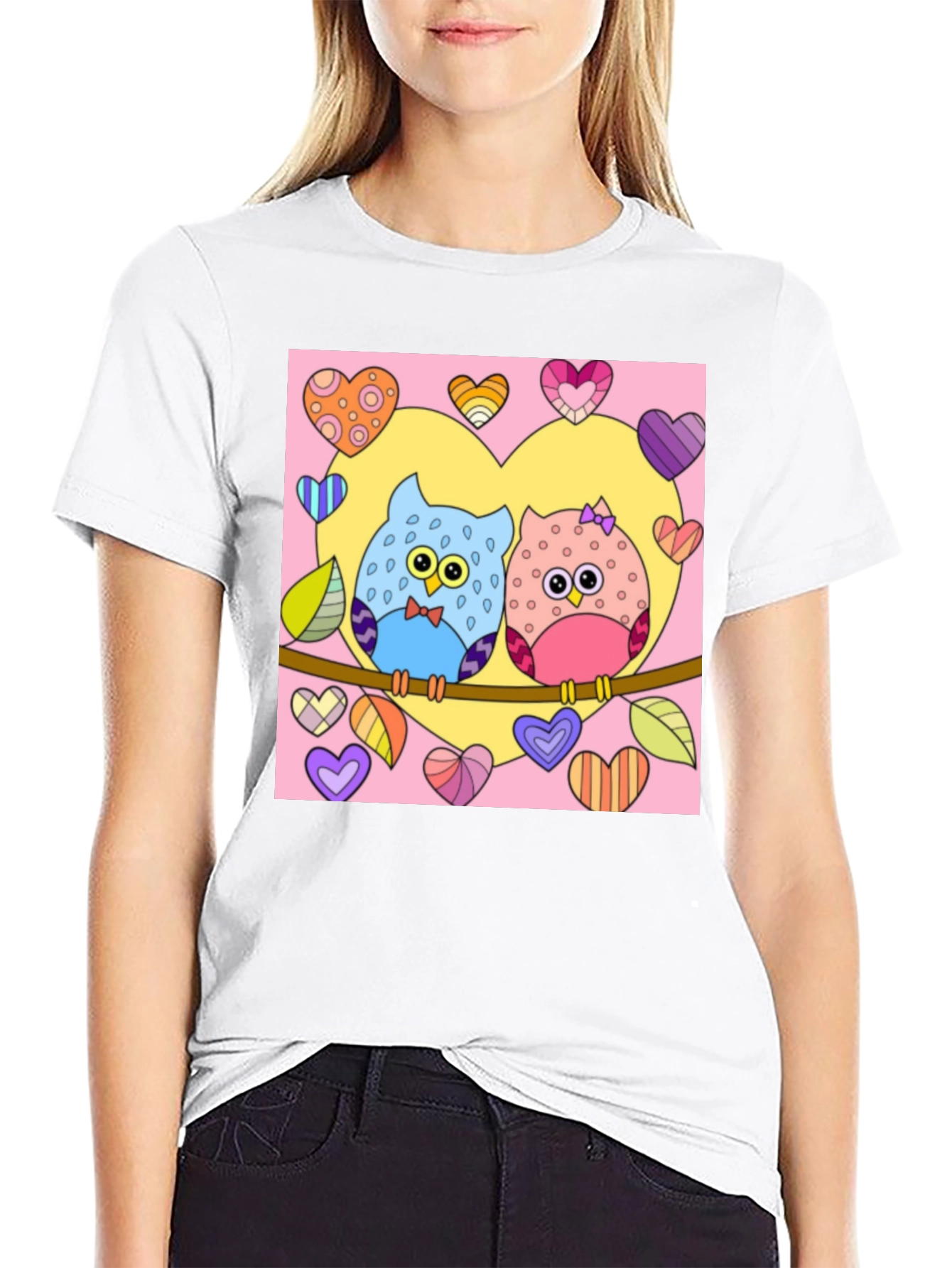 Owl Love T-Shirt: Cute Cartoon Couple with Hearts