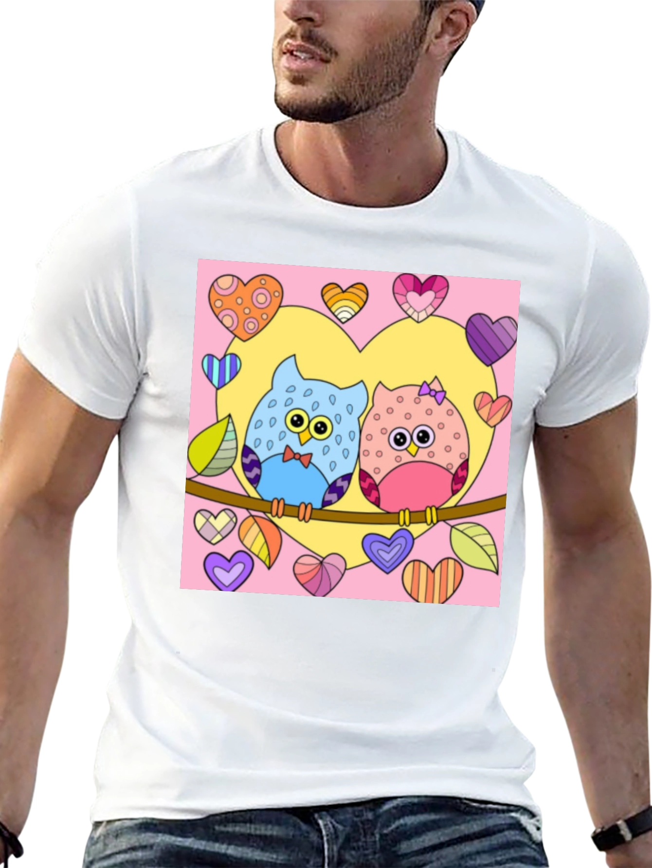Owl Love T-Shirt: Cute Cartoon Couple with Hearts