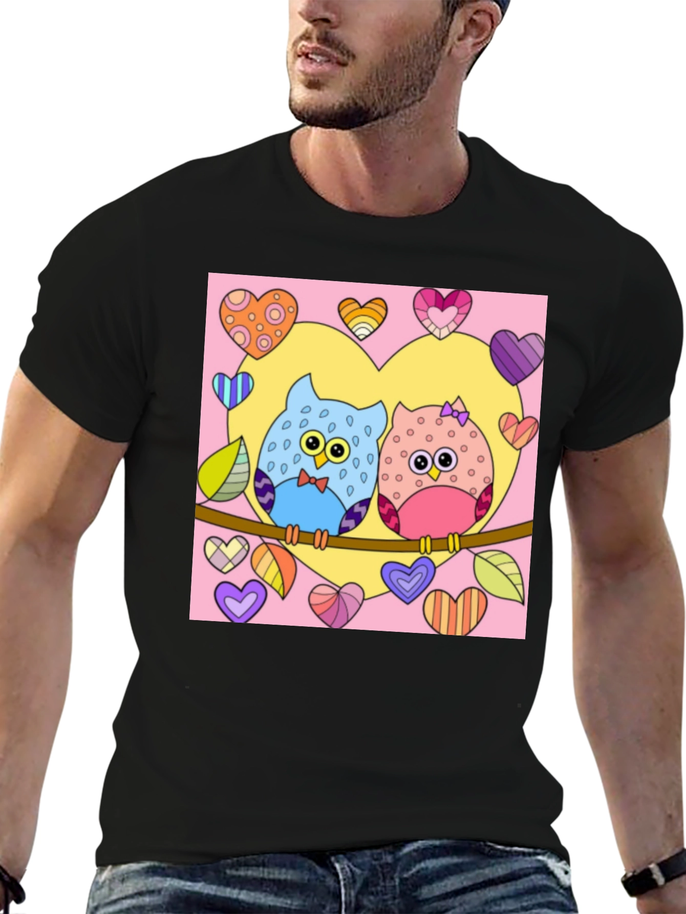 Owl Love T-Shirt: Cute Cartoon Couple with Hearts