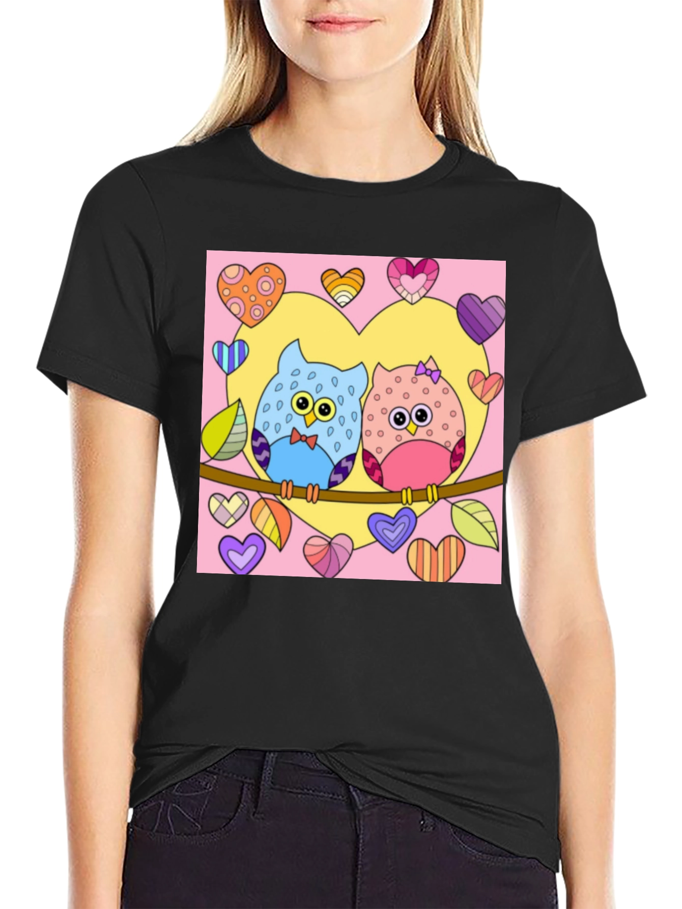 Owl Love T-Shirt: Cute Cartoon Couple with Hearts