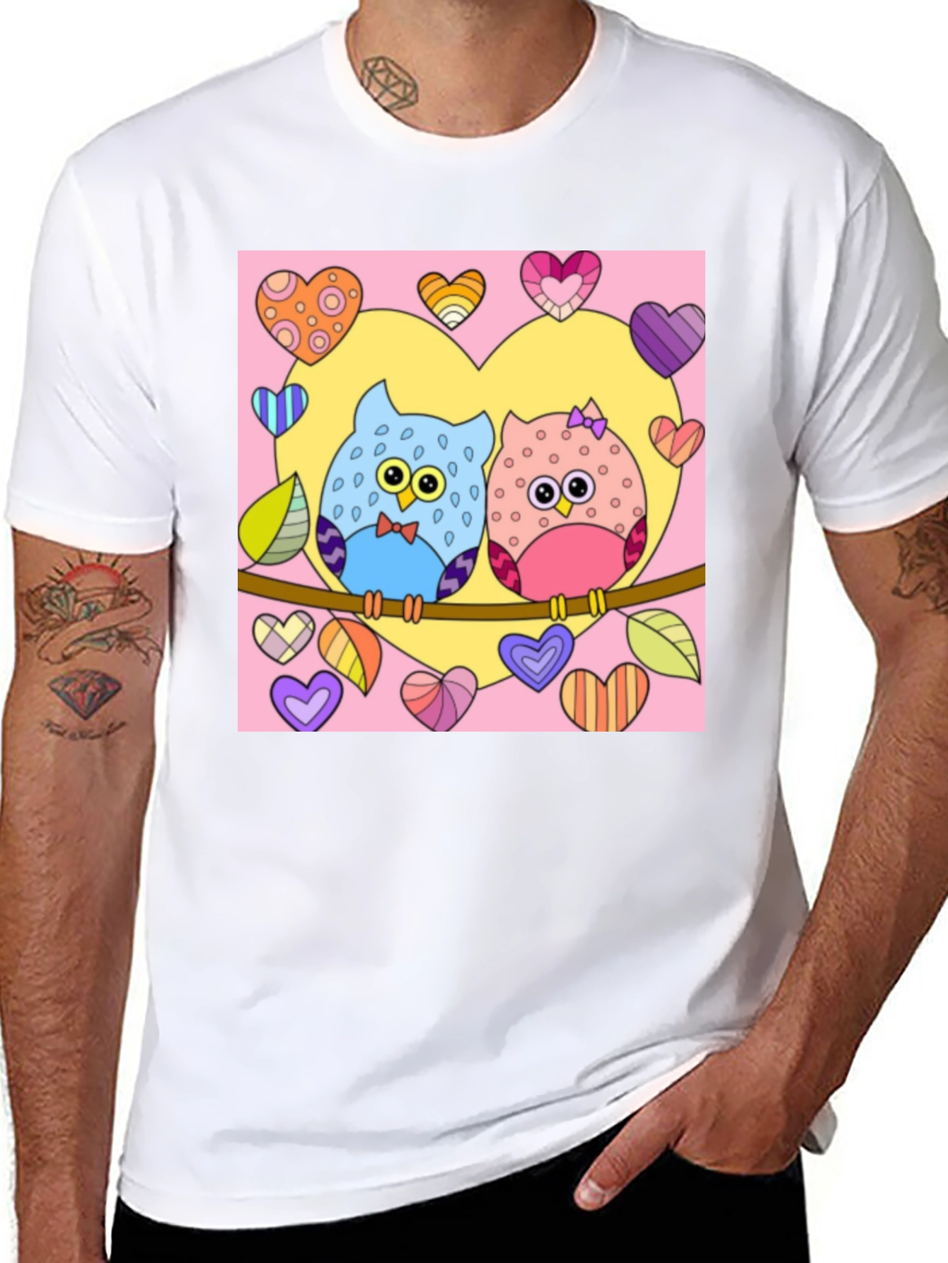 Owl Love T-Shirt: Cute Cartoon Couple with Hearts