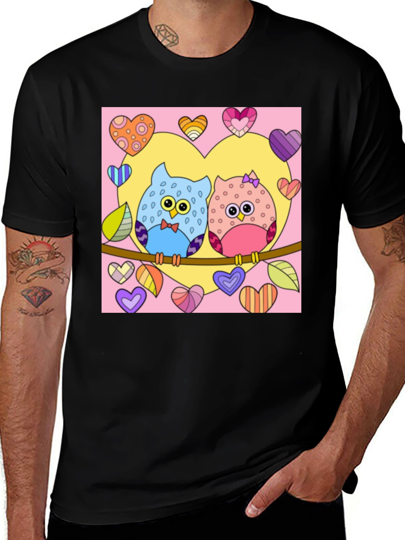 Owl Love T-Shirt: Cute Cartoon Couple with Hearts