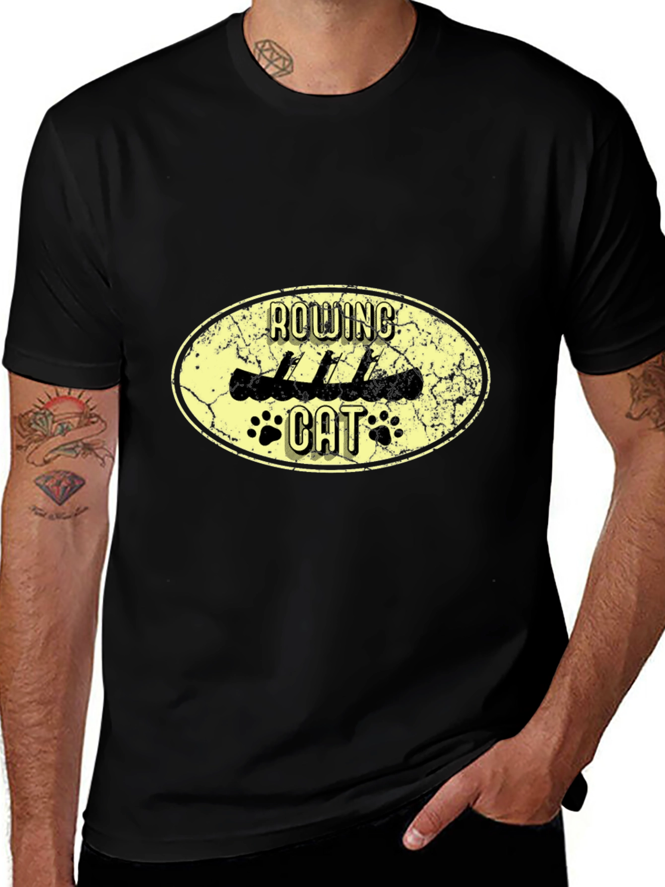 Rowing Cat Graphic Black T-Shirt