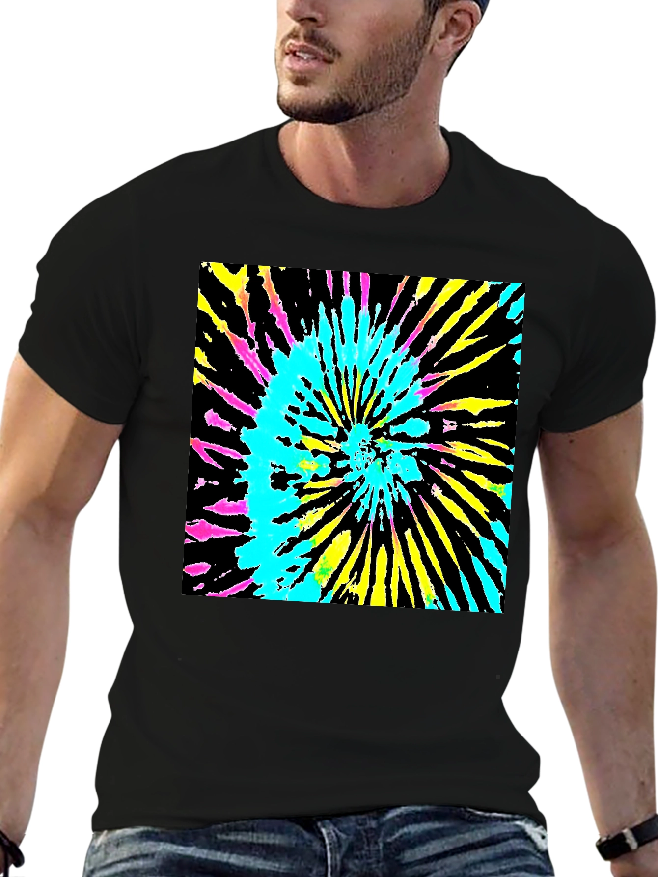 Vibrant Tie-Dye Graphic Tee - Black Cotton