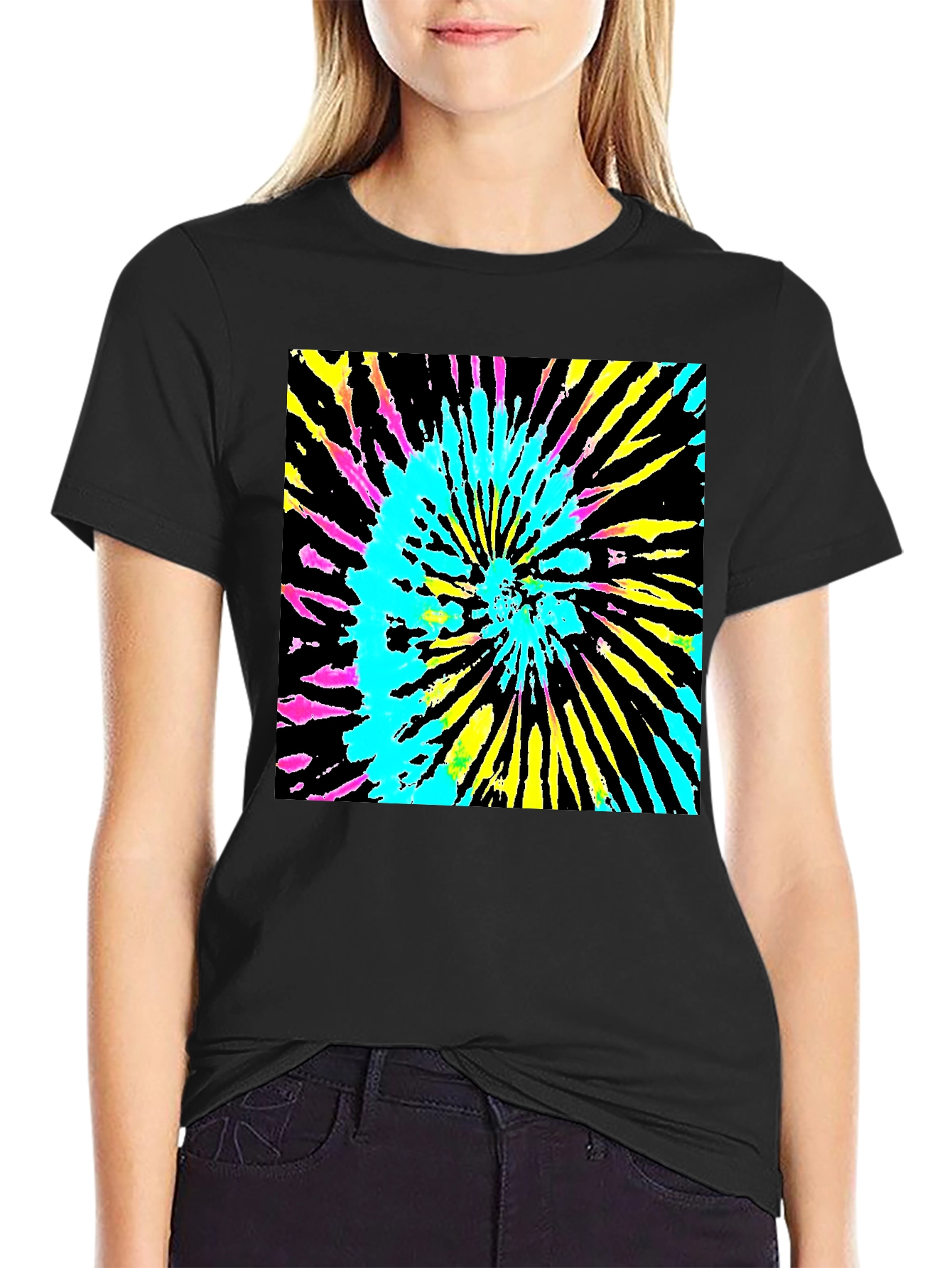 Vibrant Tie-Dye Graphic Tee - Black Cotton