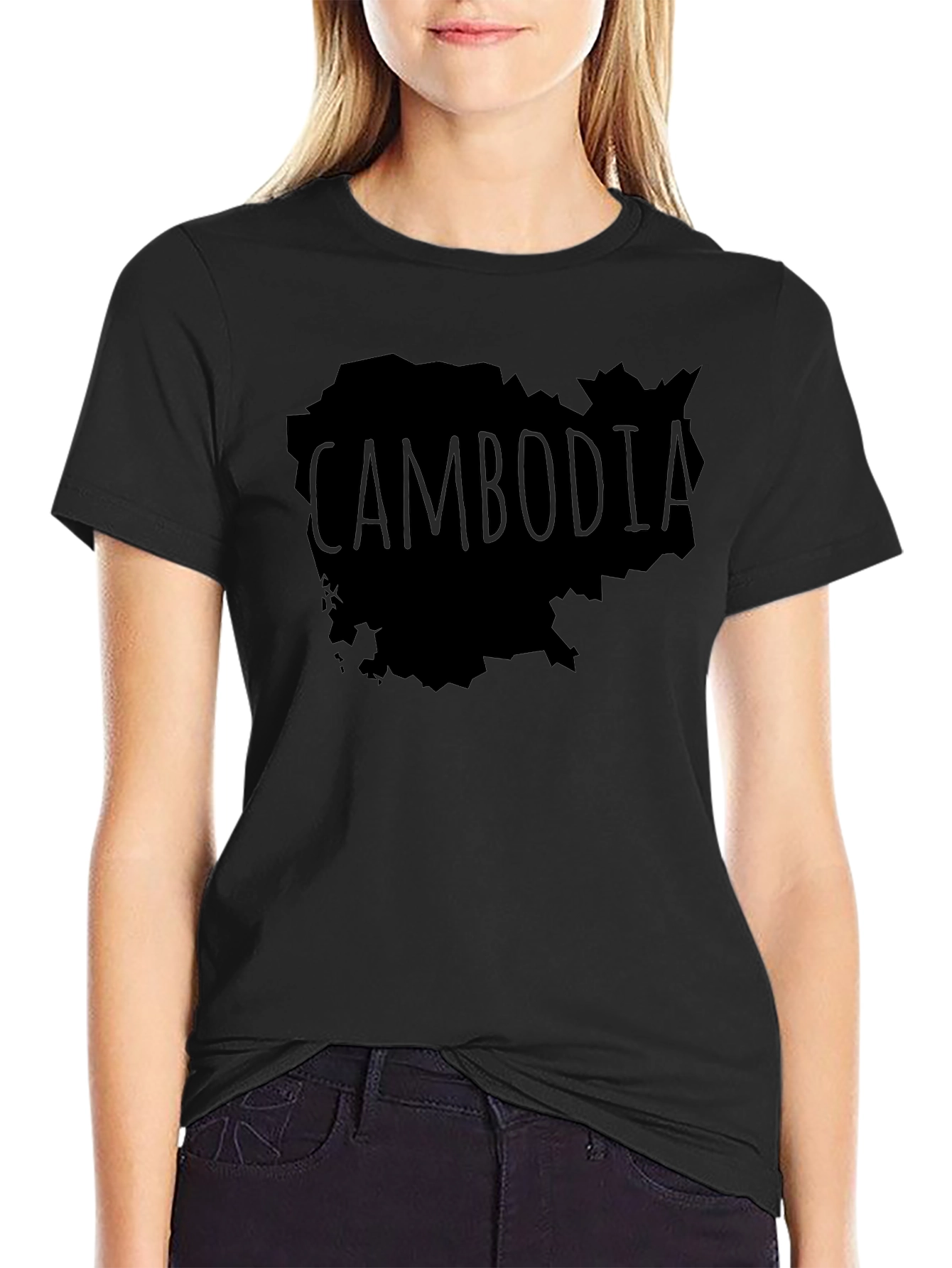 Cambodia Map Graphic Tee - Black Crew Neck T-Shirt