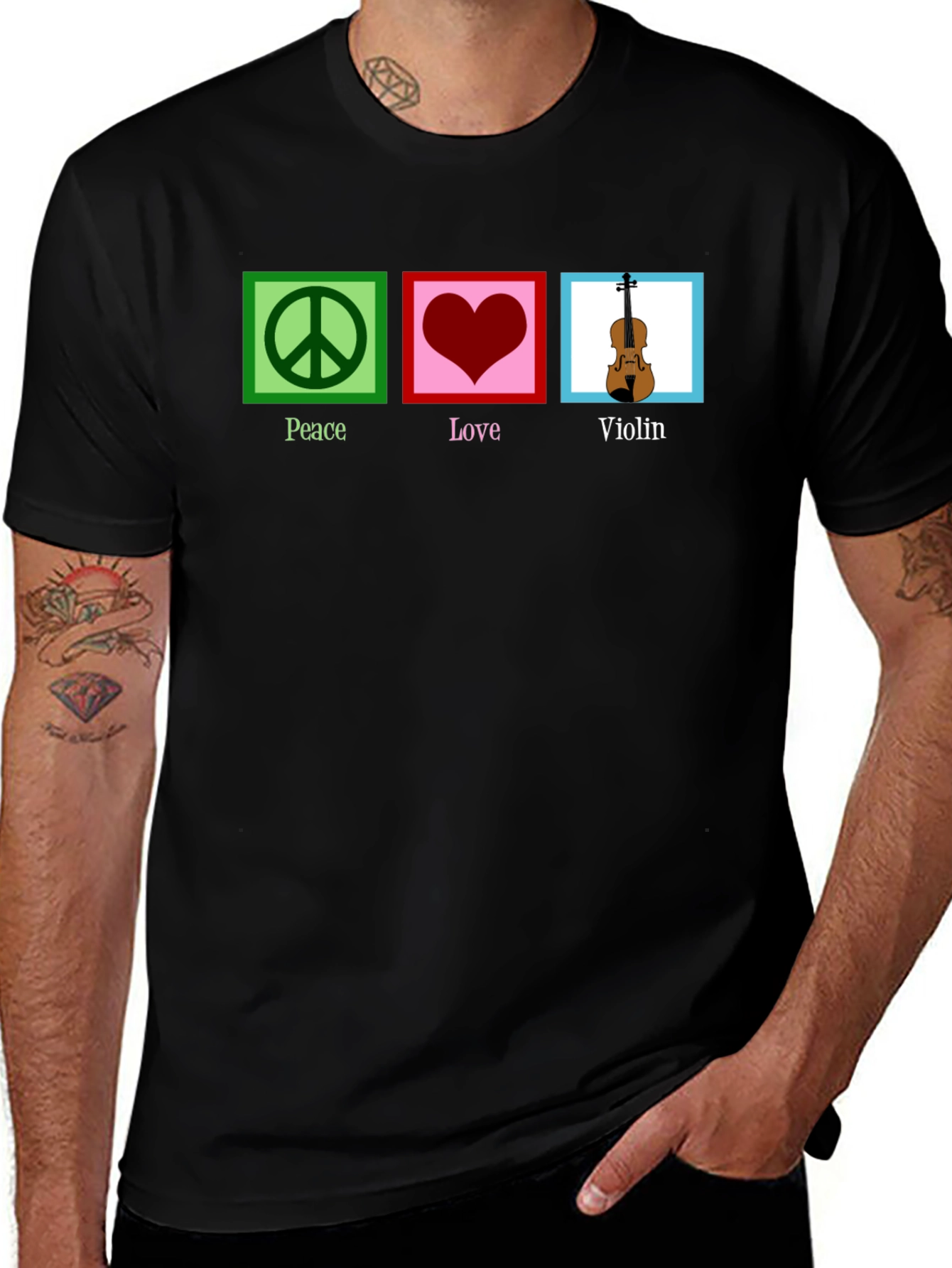 Peace Love Violin Black Graphic T-Shirt