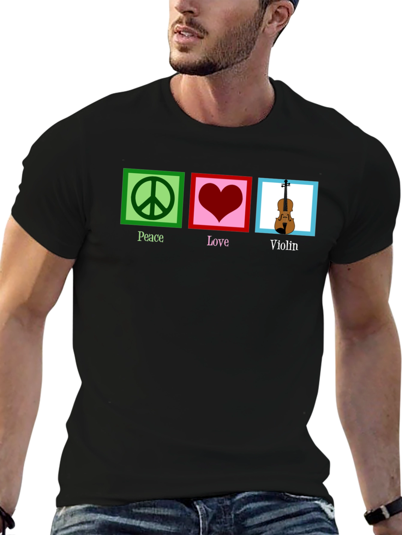 Peace Love Violin Black Graphic T-Shirt