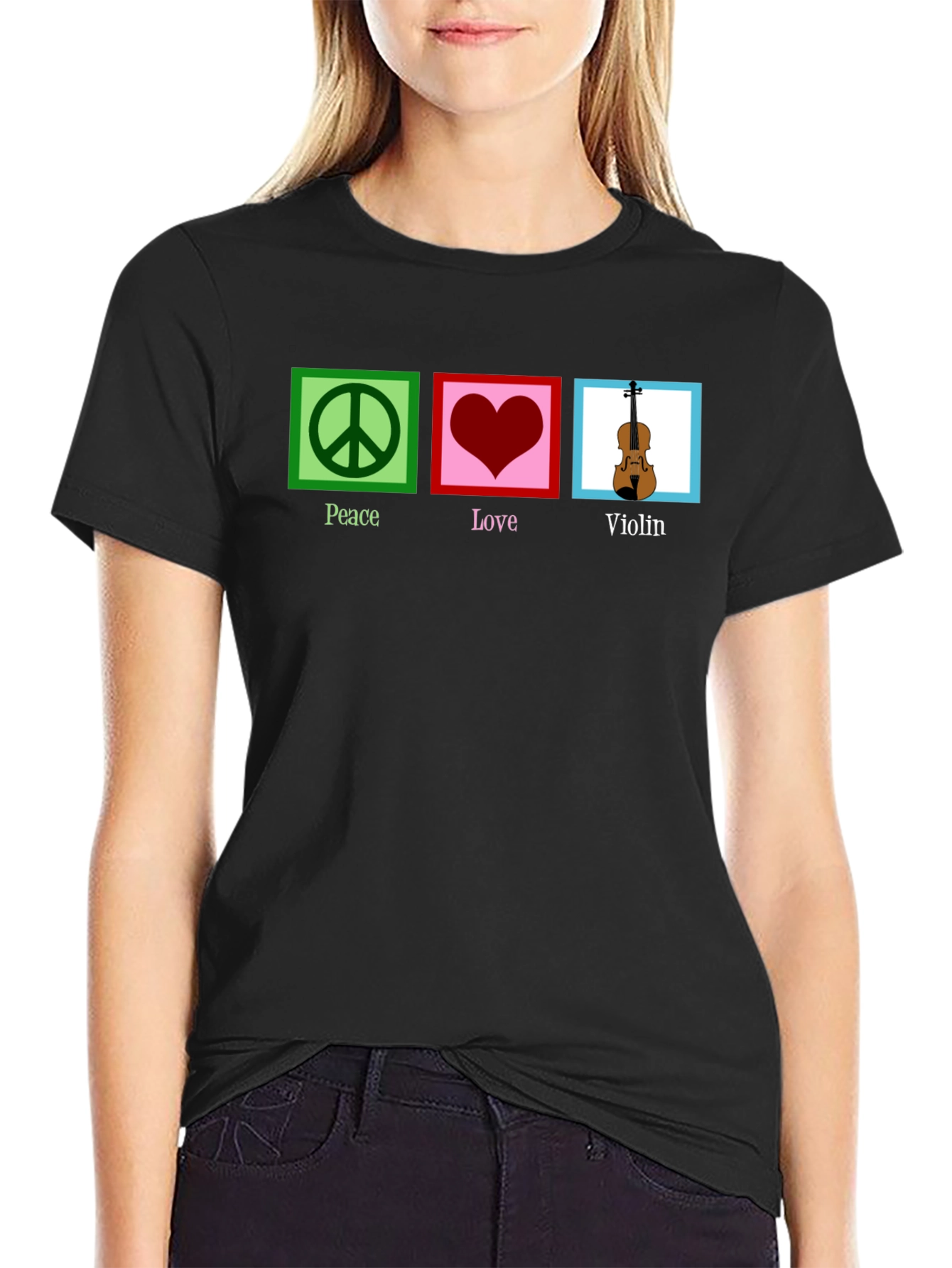 Peace Love Violin Black Graphic T-Shirt
