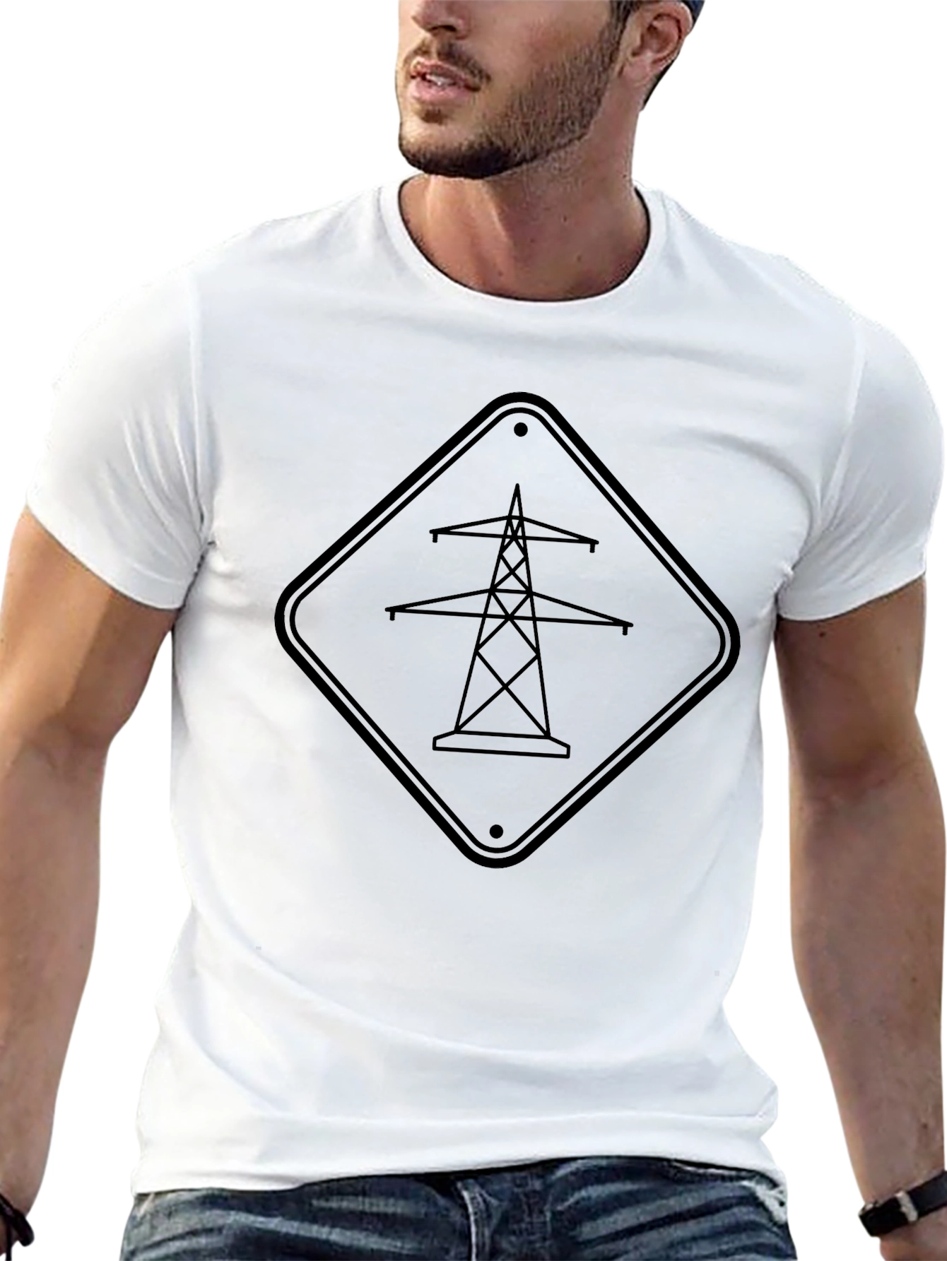 Power Line Sign Graphic Tee - Black Cotton T-Shirt