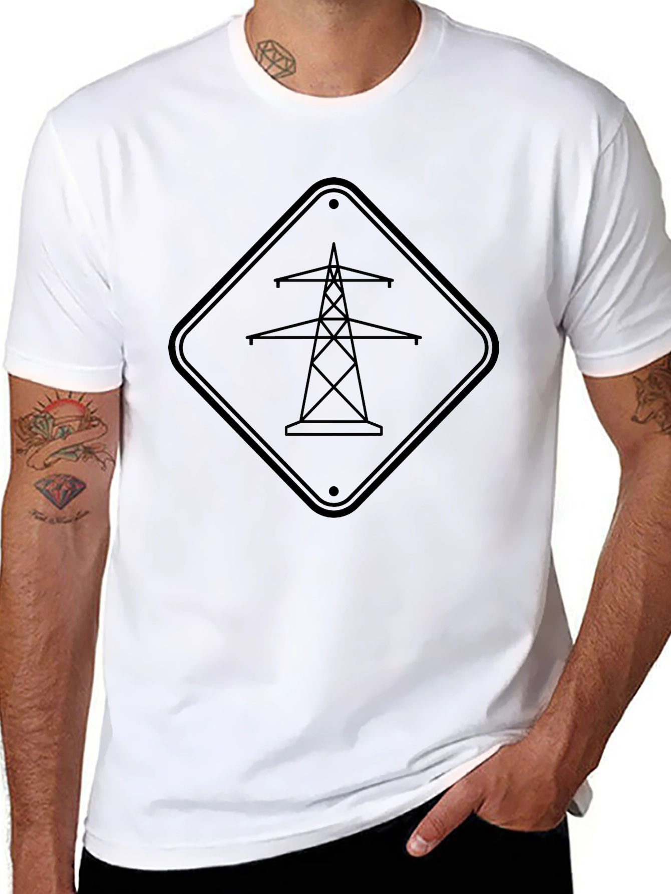 Power Line Sign Graphic Tee - Black Cotton T-Shirt