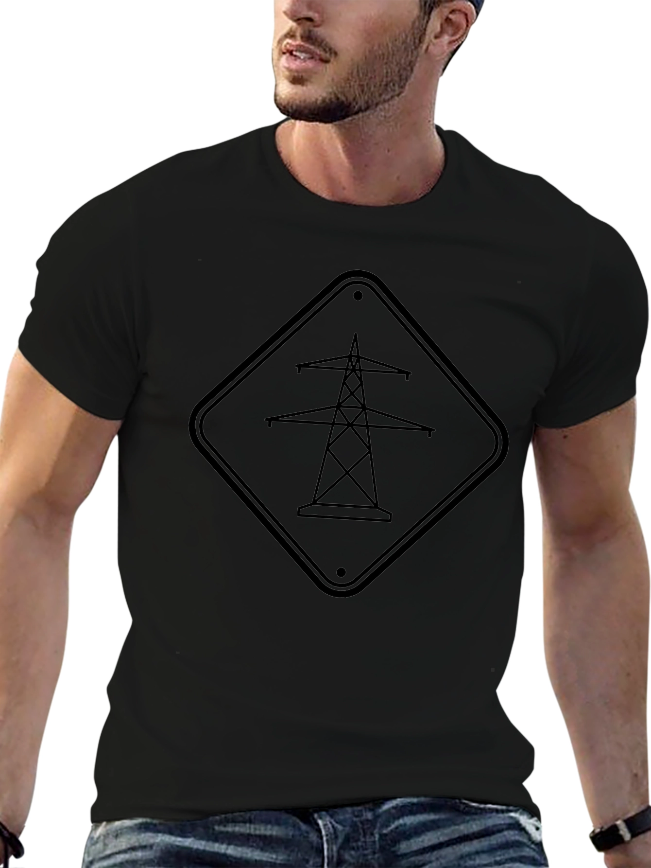 Power Line Sign Graphic Tee - Black Cotton T-Shirt