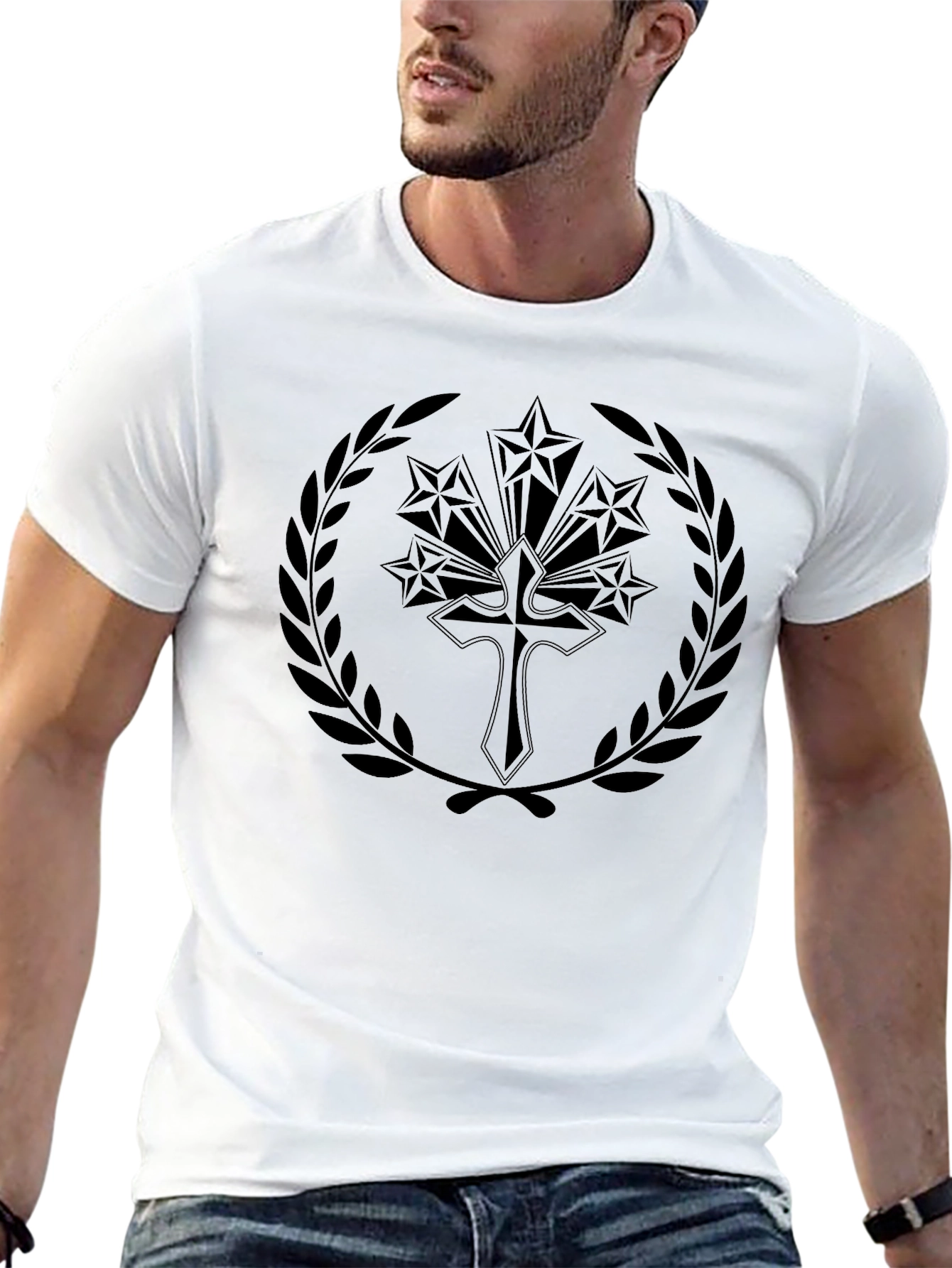 Cross & Stars Graphic Tee - Black Cotton T-Shirt