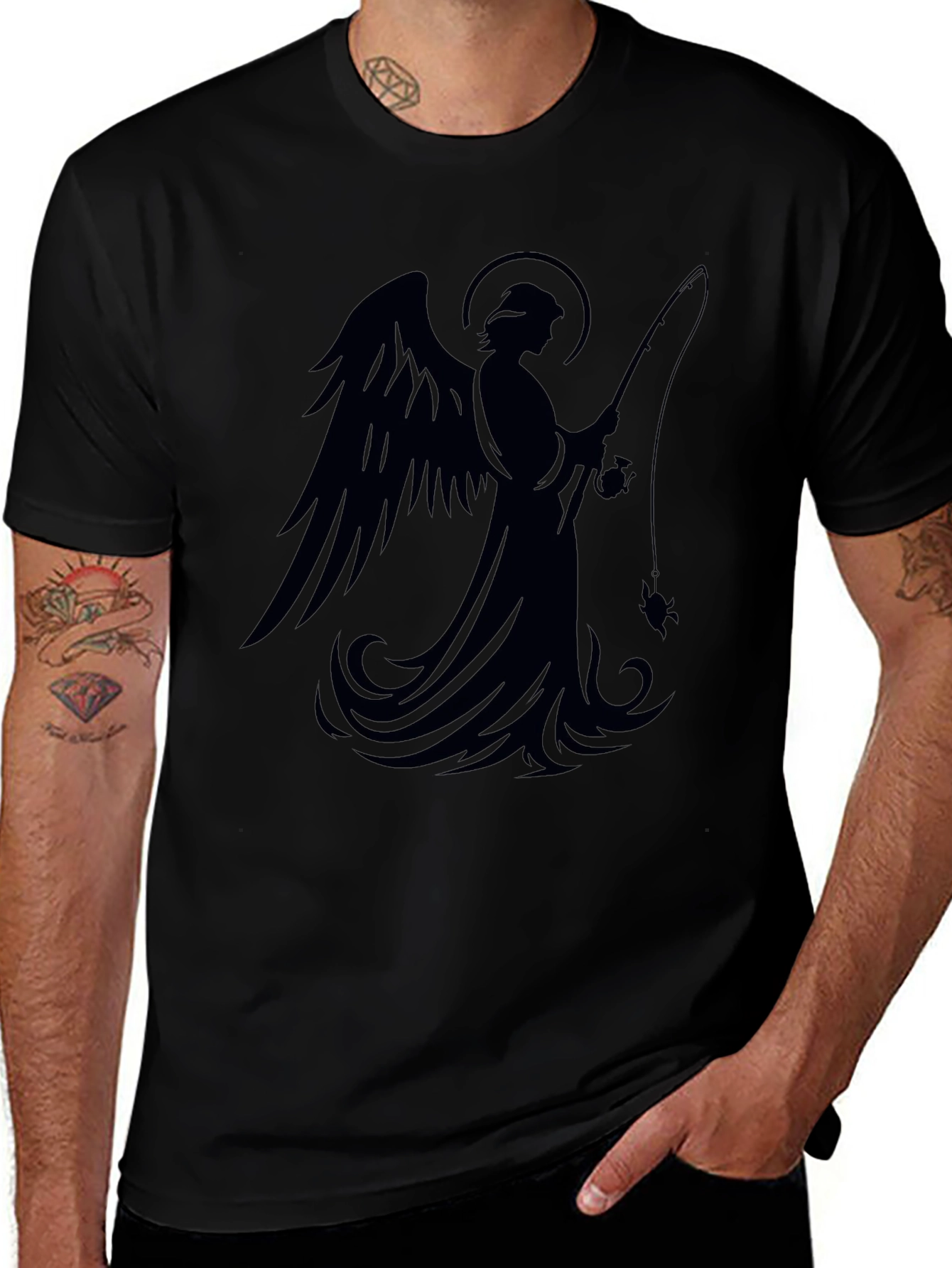 Angel Fishing Graphic T-Shirt - Black