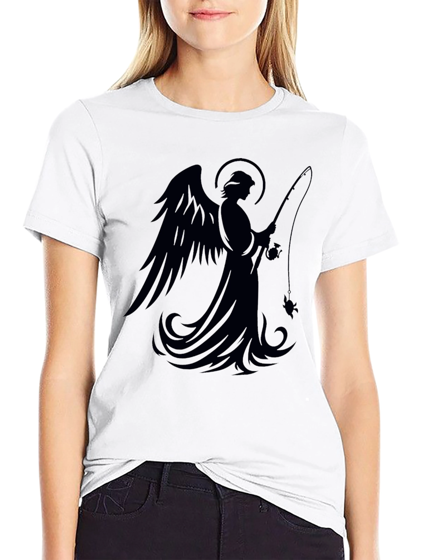 Angel Fishing Graphic T-Shirt - Black