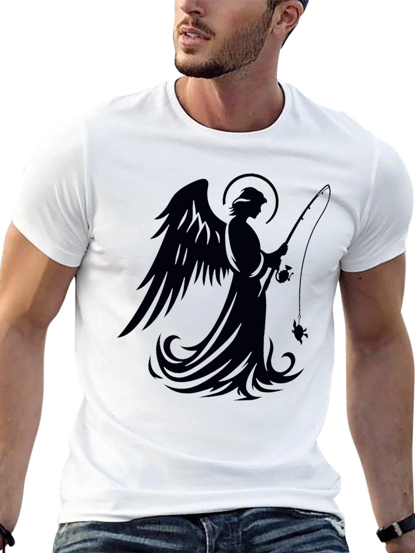 Angel Fishing Graphic T-Shirt - Black