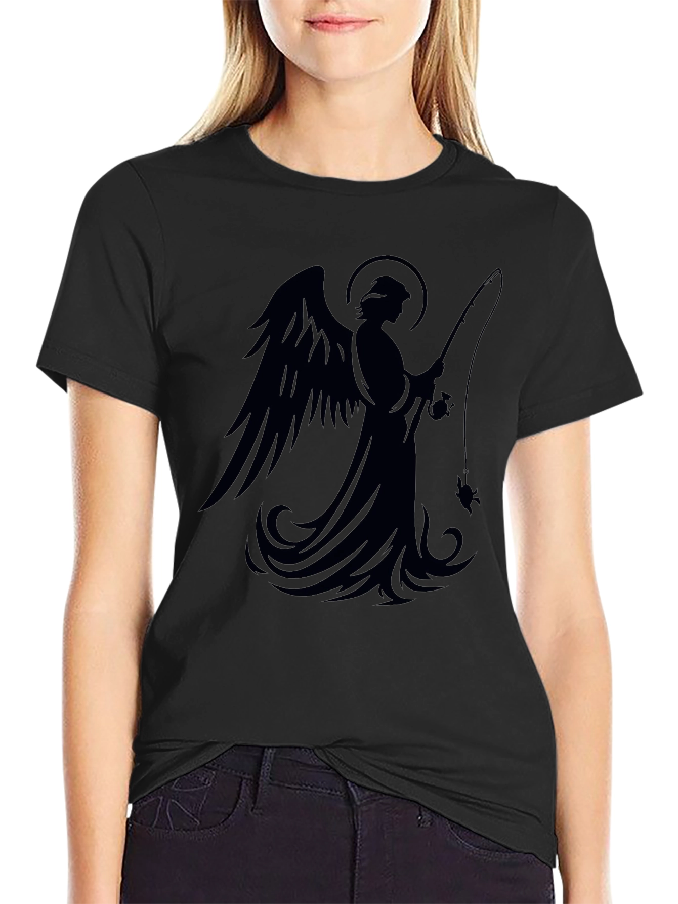 Angel Fishing Graphic T-Shirt - Black