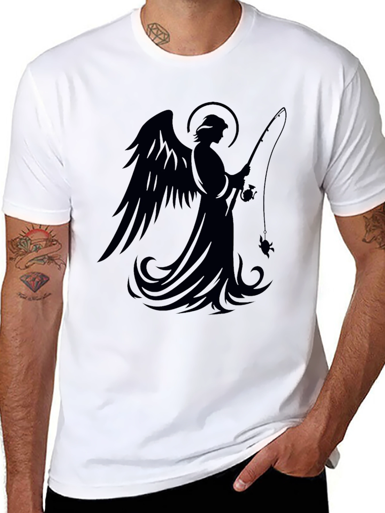 Angel Fishing Graphic T-Shirt - Black