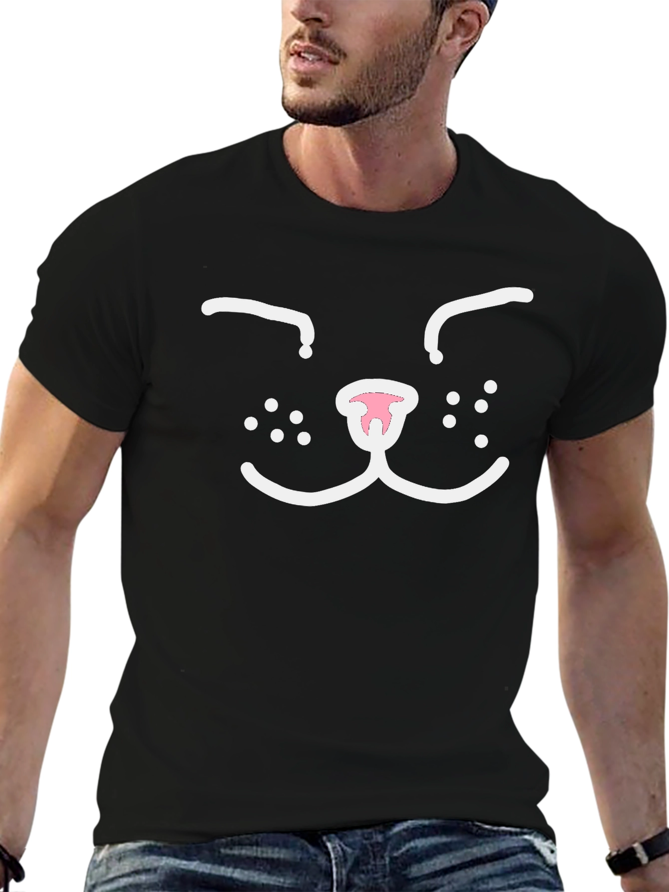 Cute Cat Face Graphic Tee - Black Cotton T-Shirt