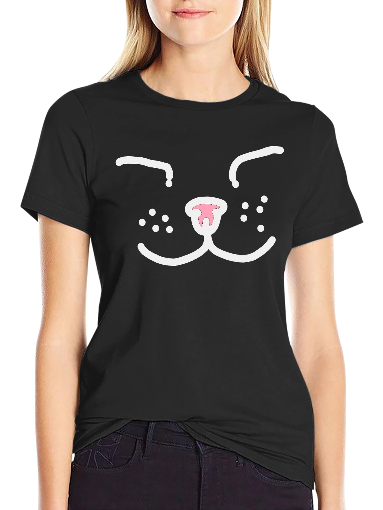 Cute Cat Face Graphic Tee - Black Cotton T-Shirt
