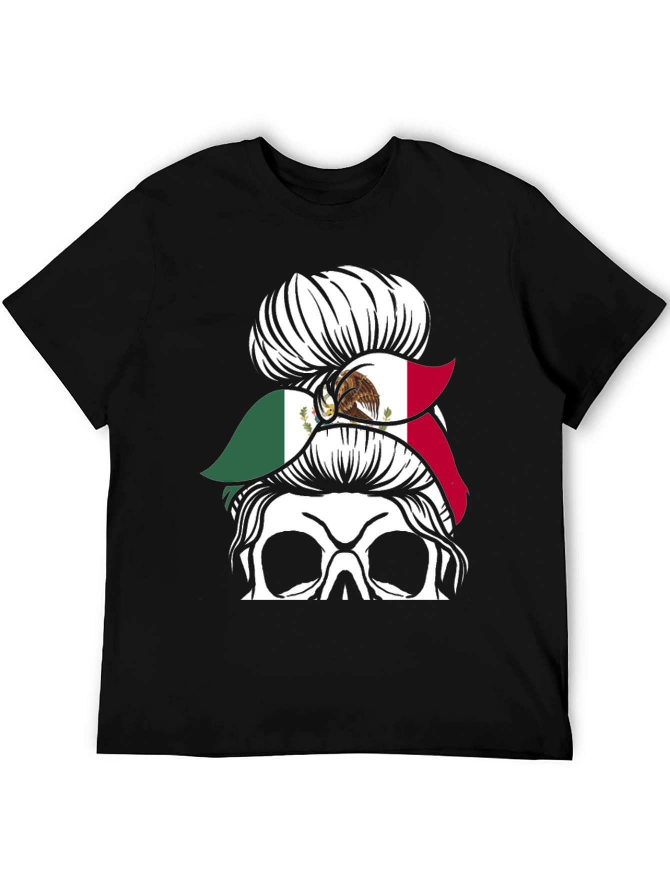 Mexican Flag Skull Messy Bun T-Shirt