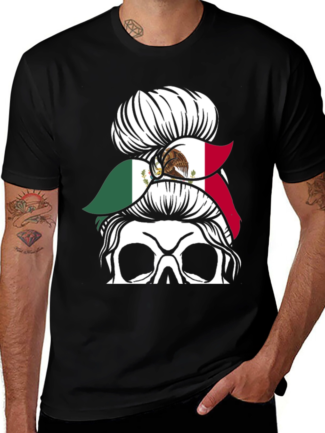Mexican Flag Skull Messy Bun T-Shirt