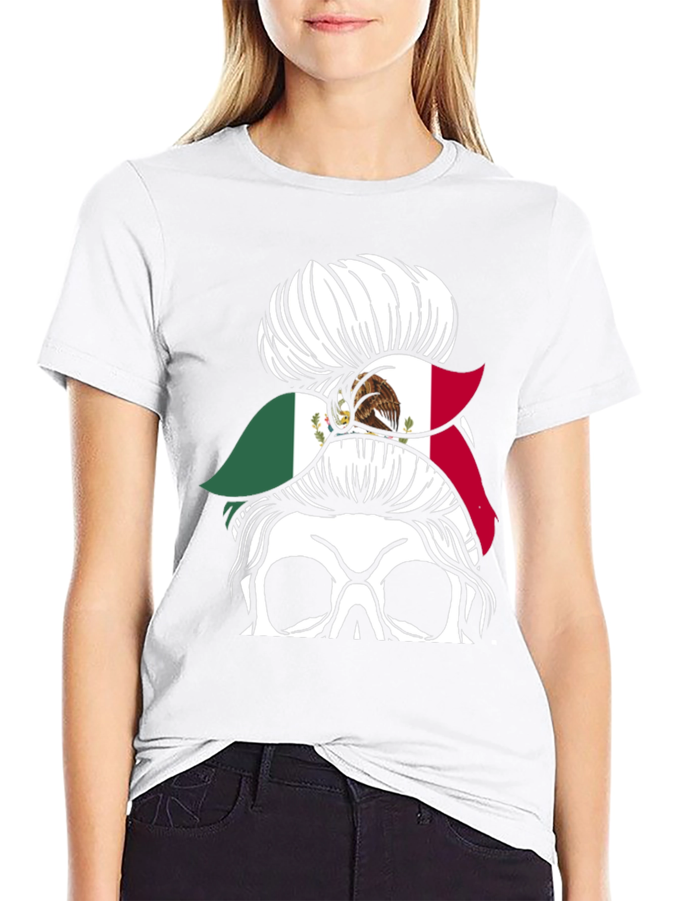 Mexican Flag Skull Messy Bun T-Shirt