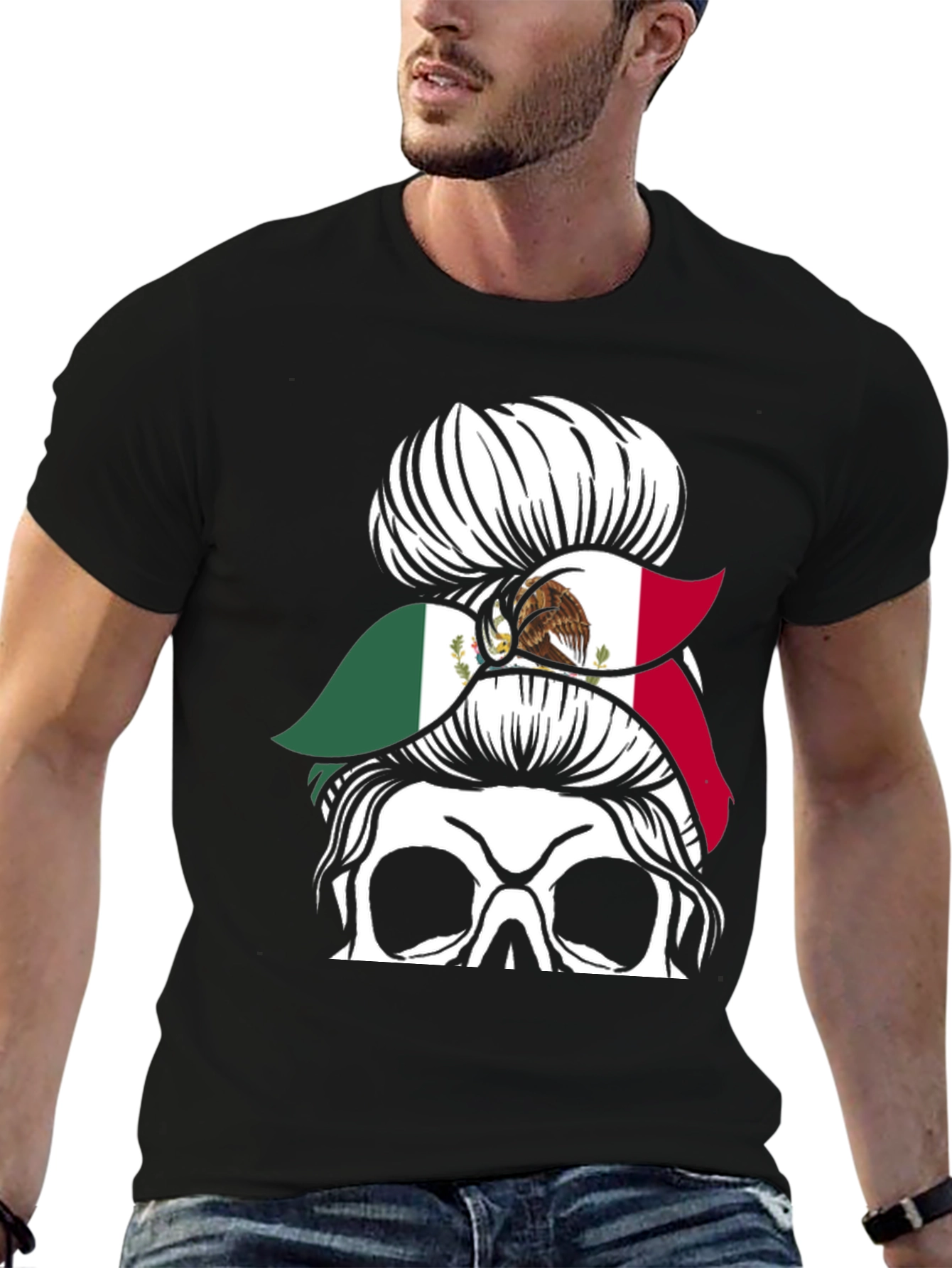 Mexican Flag Skull Messy Bun T-Shirt