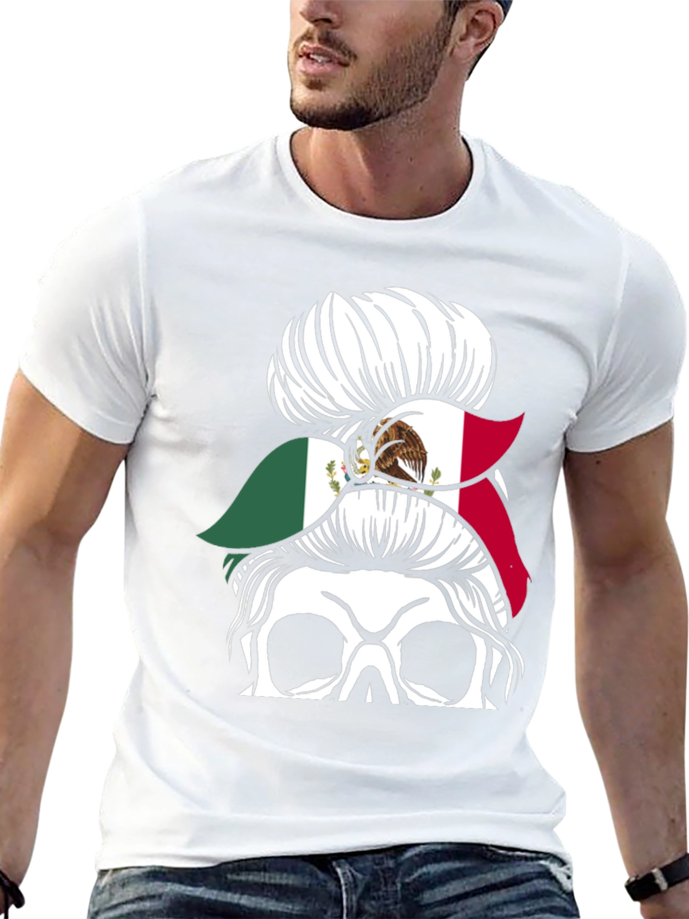 Mexican Flag Skull Messy Bun T-Shirt
