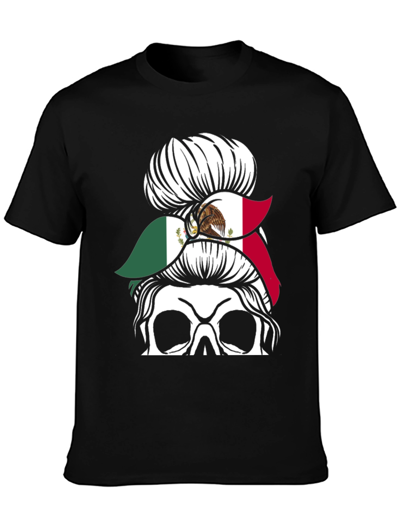 Mexican Flag Skull Messy Bun T-Shirt