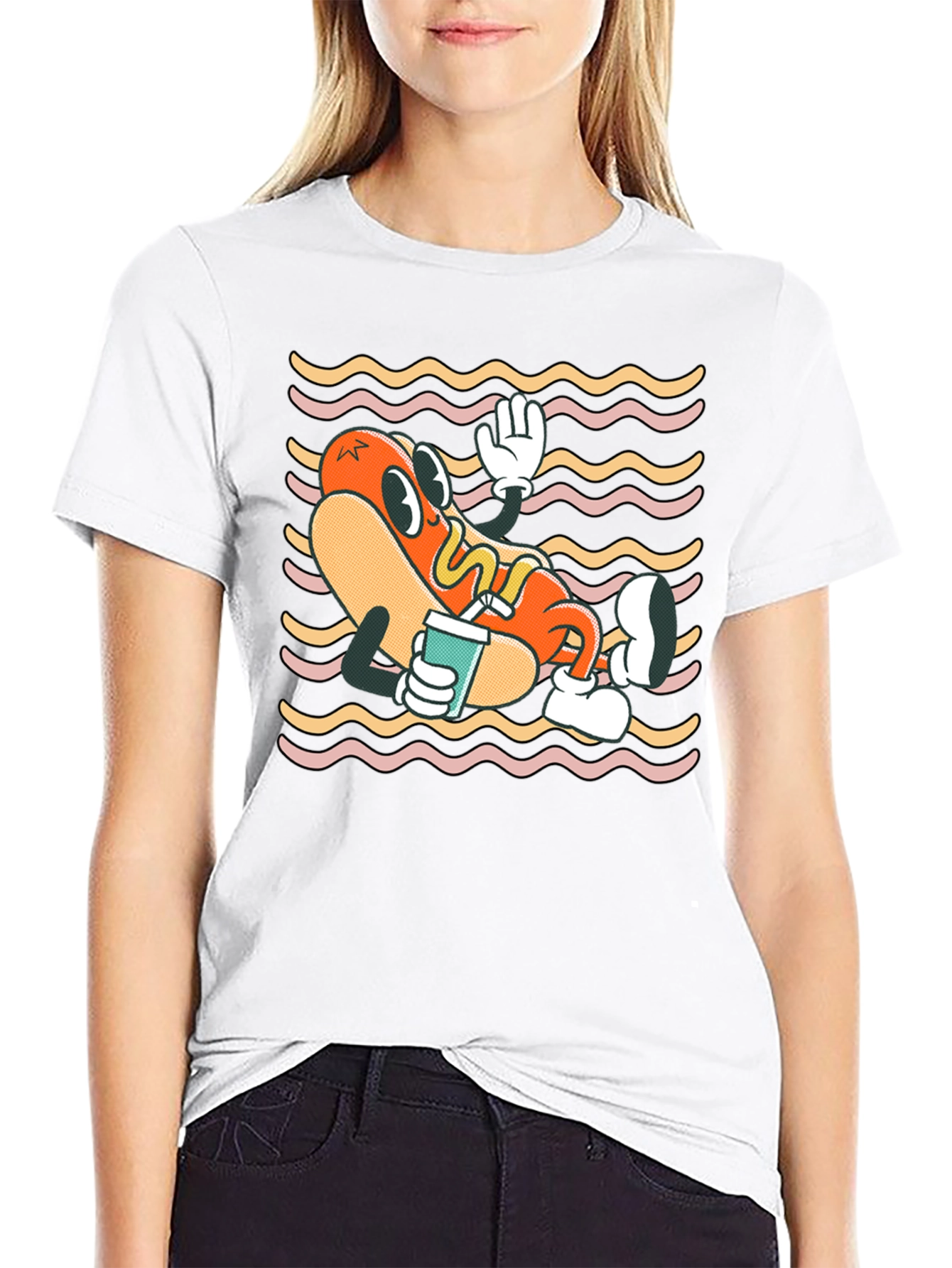 Cartoon Hotdog Graphic T-Shirt
