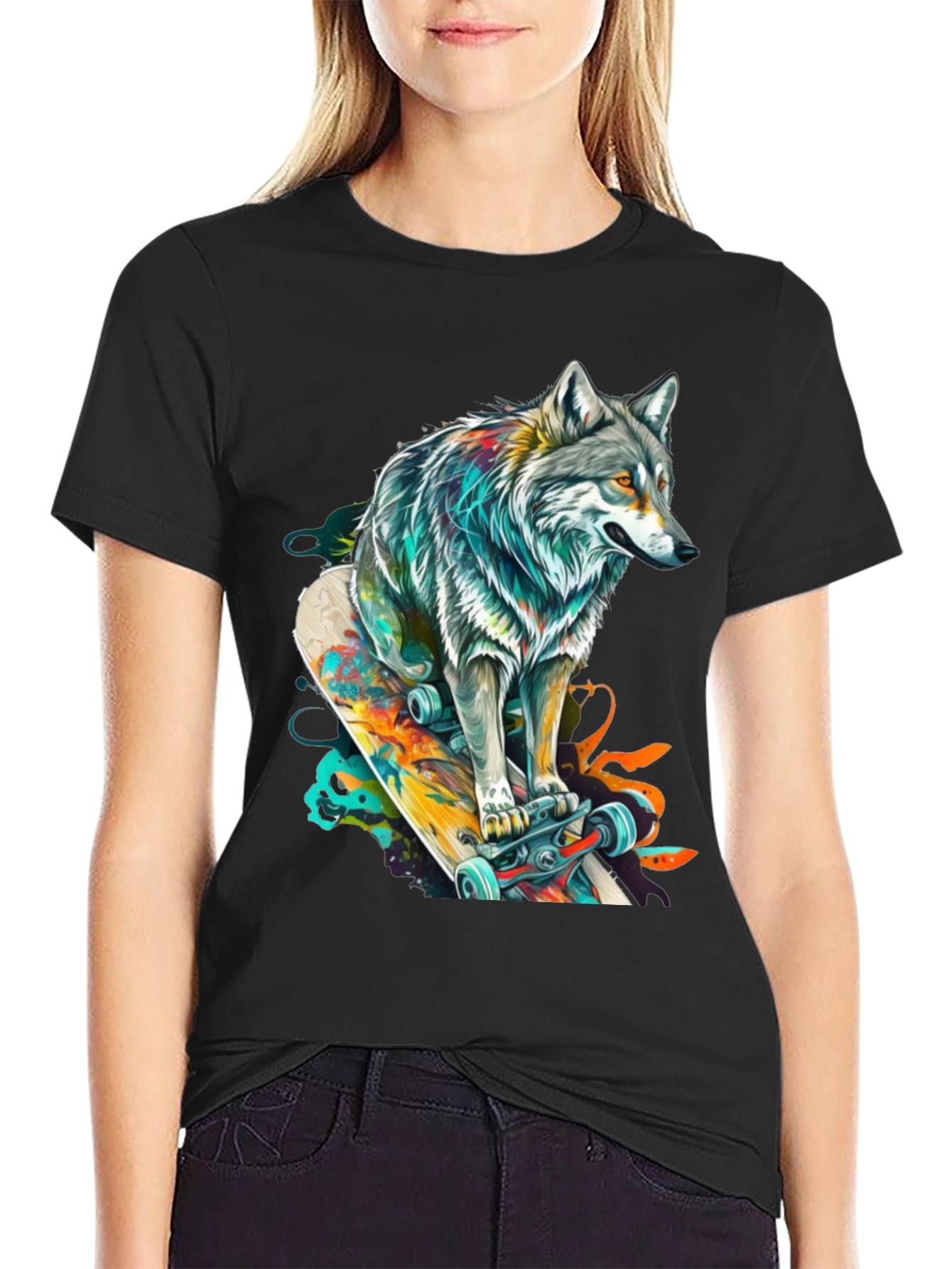 Wolf Skateboard Graphic Tee - Cool Animal Design