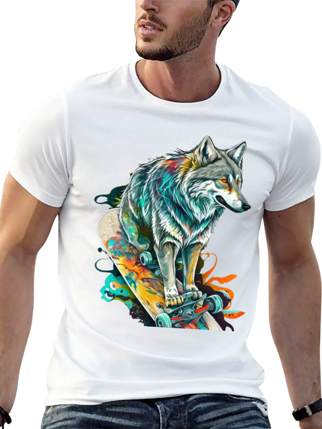 Wolf Skateboard Graphic Tee - Cool Animal Design
