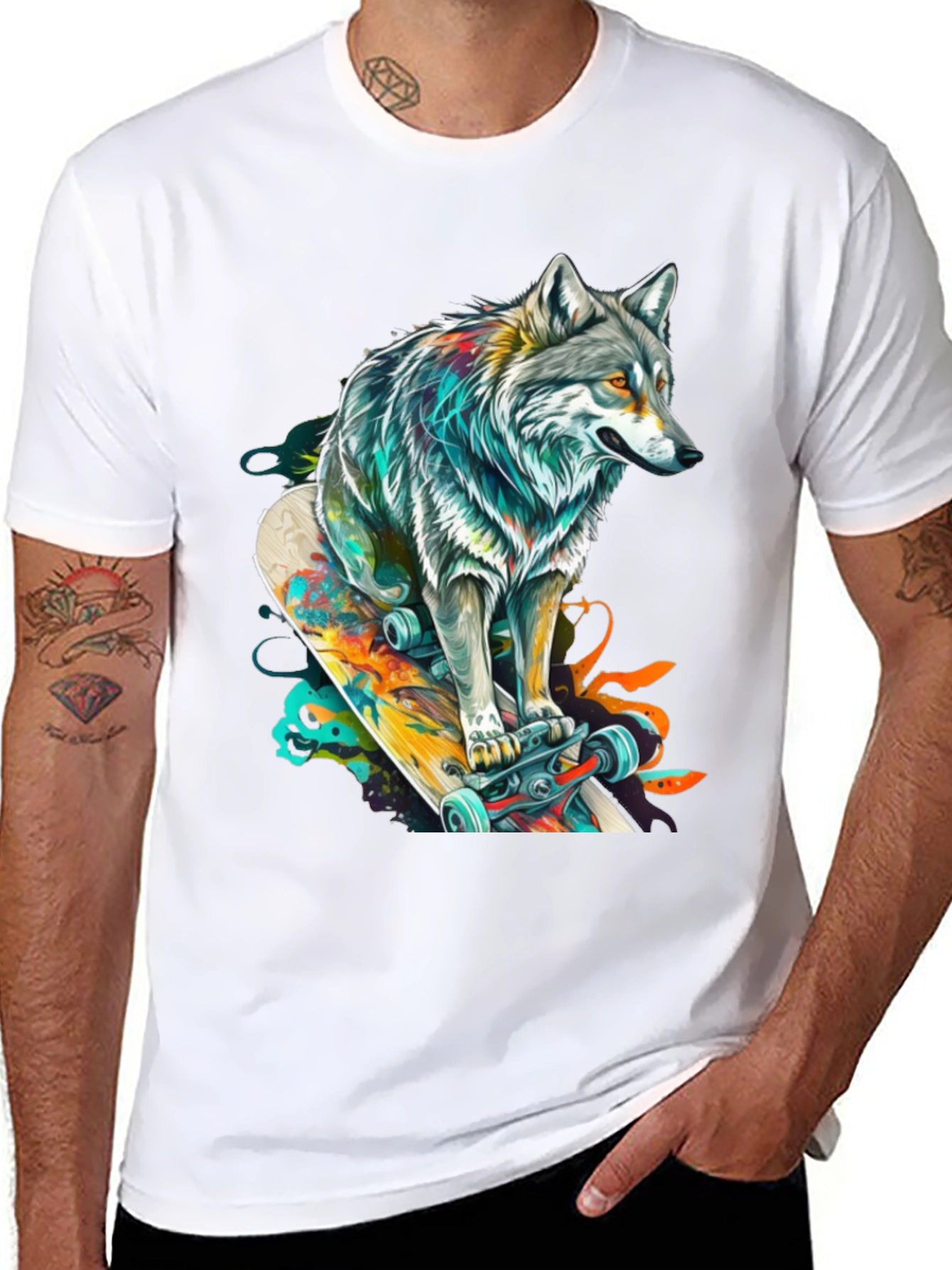 Wolf Skateboard Graphic Tee - Cool Animal Design