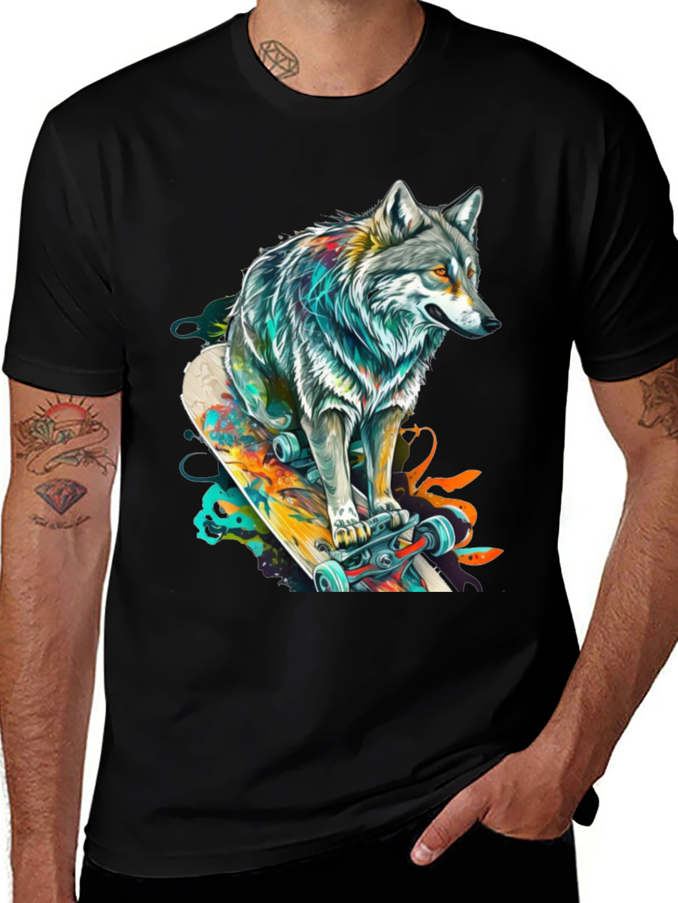 Wolf Skateboard Graphic Tee - Cool Animal Design