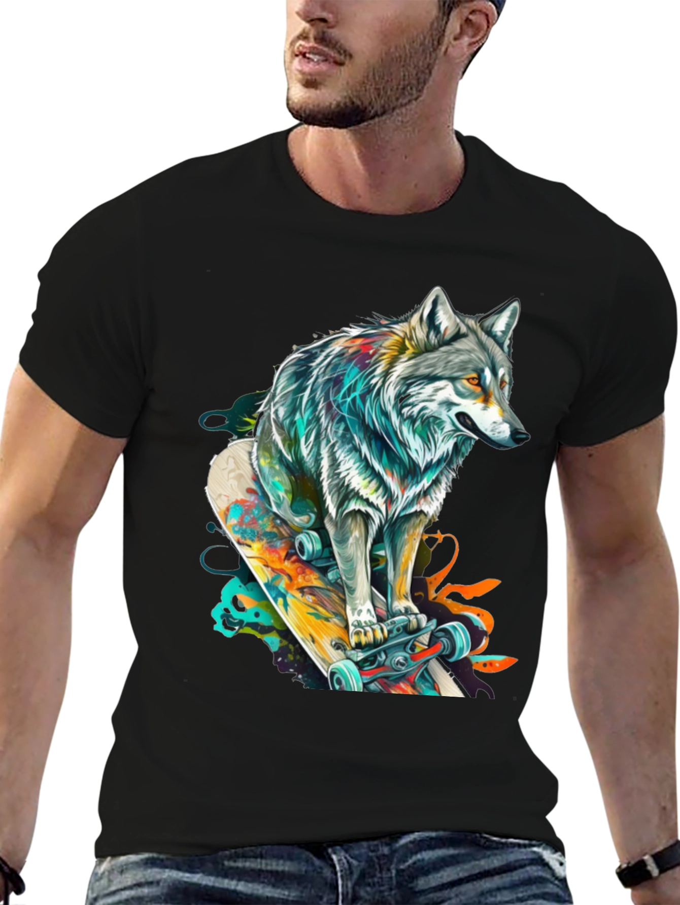 Wolf Skateboard Graphic Tee - Cool Animal Design